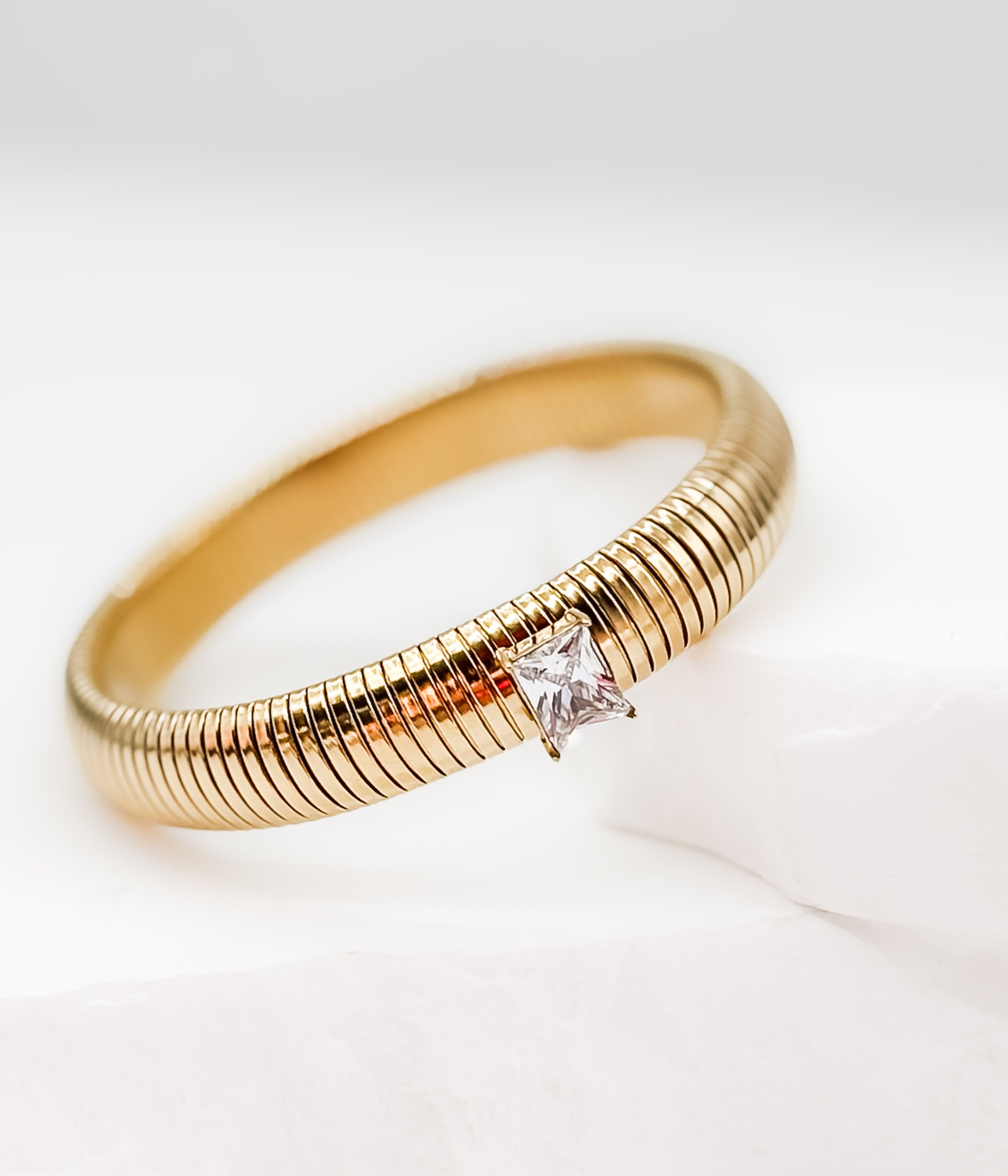 Gold Ribbed Bangle Bracelet with Crystal - Rural Haze