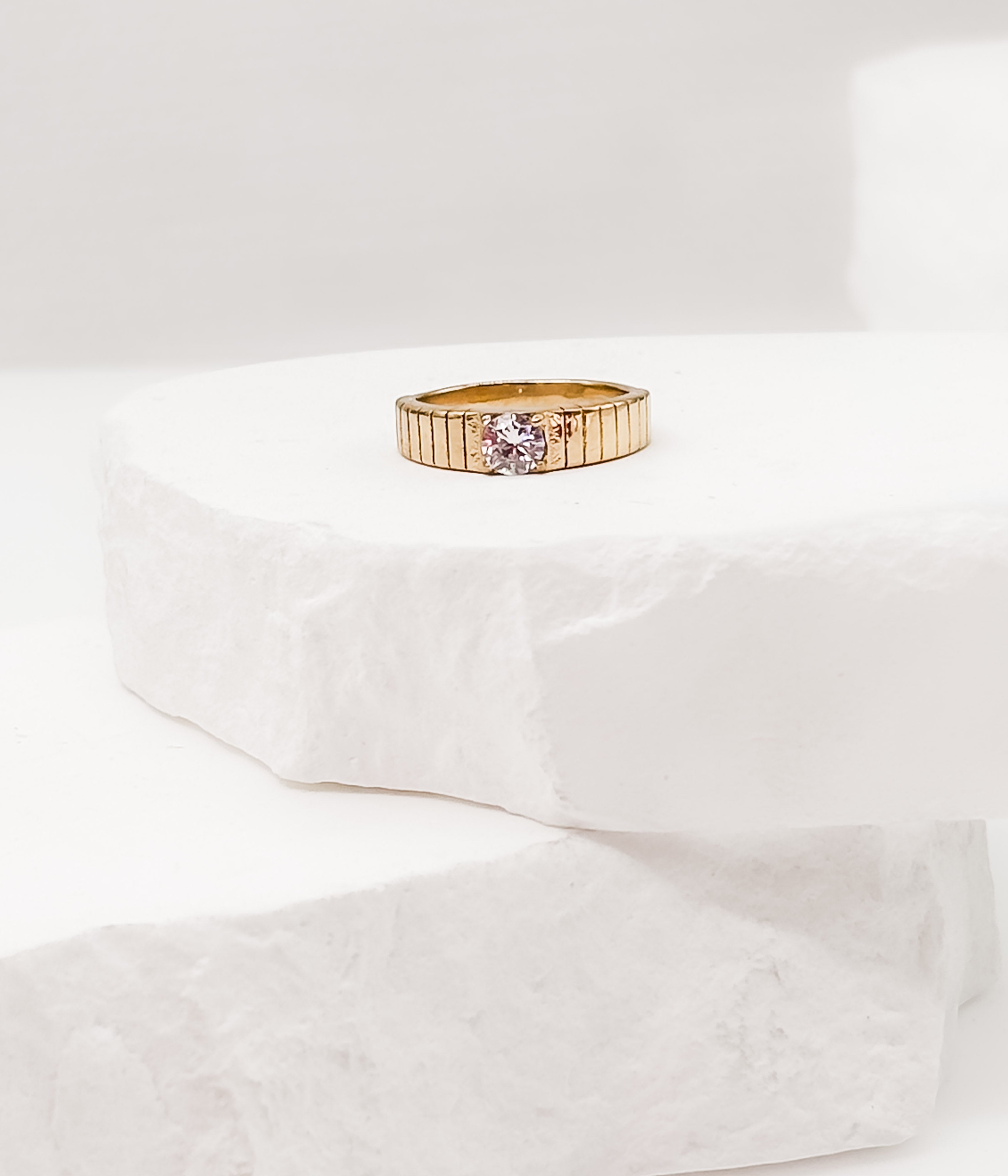 Gold Textured Band Ring with Solitaire Crystal - Rural Haze