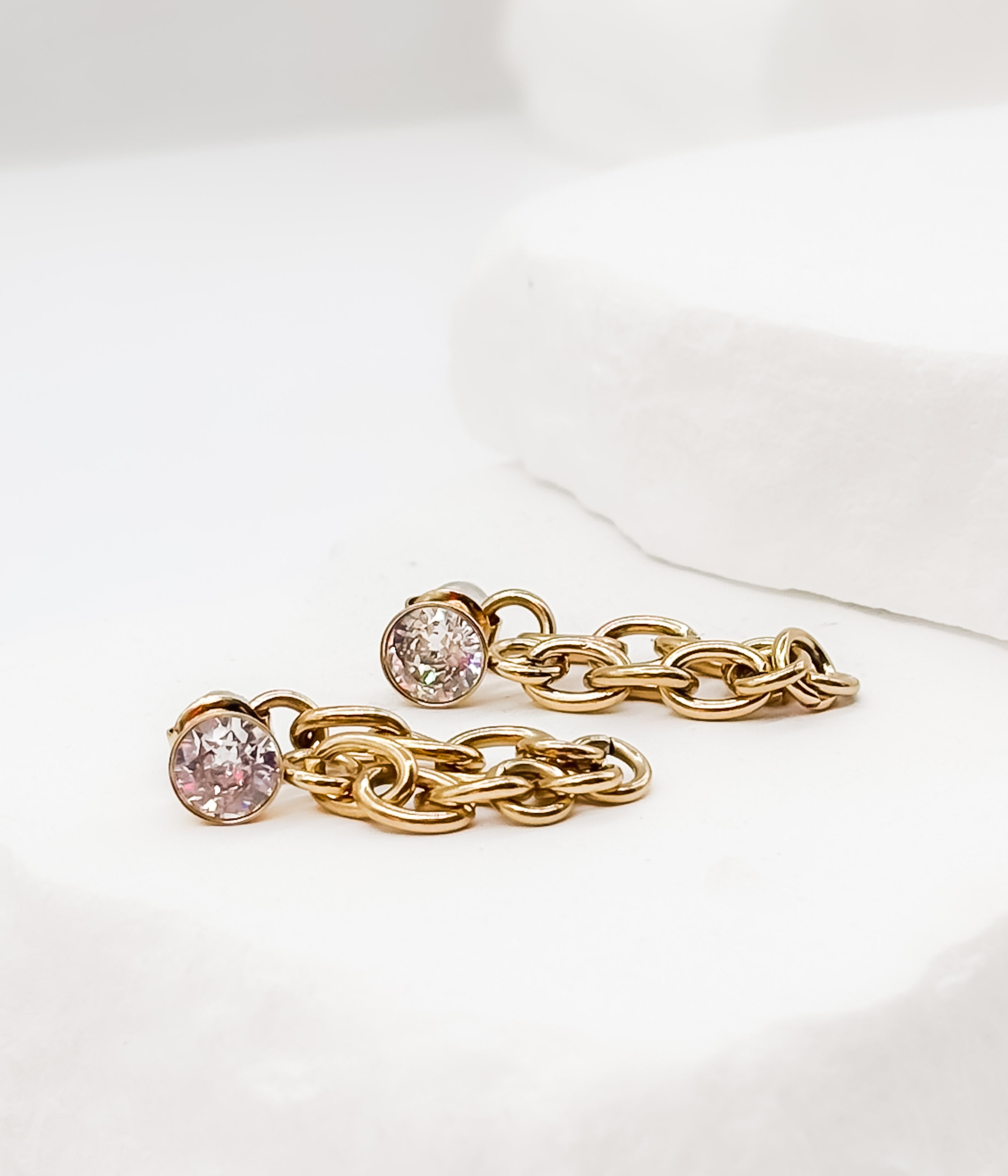 Gold Chain Drop Earrings with Crystal Stud - Rural Haze