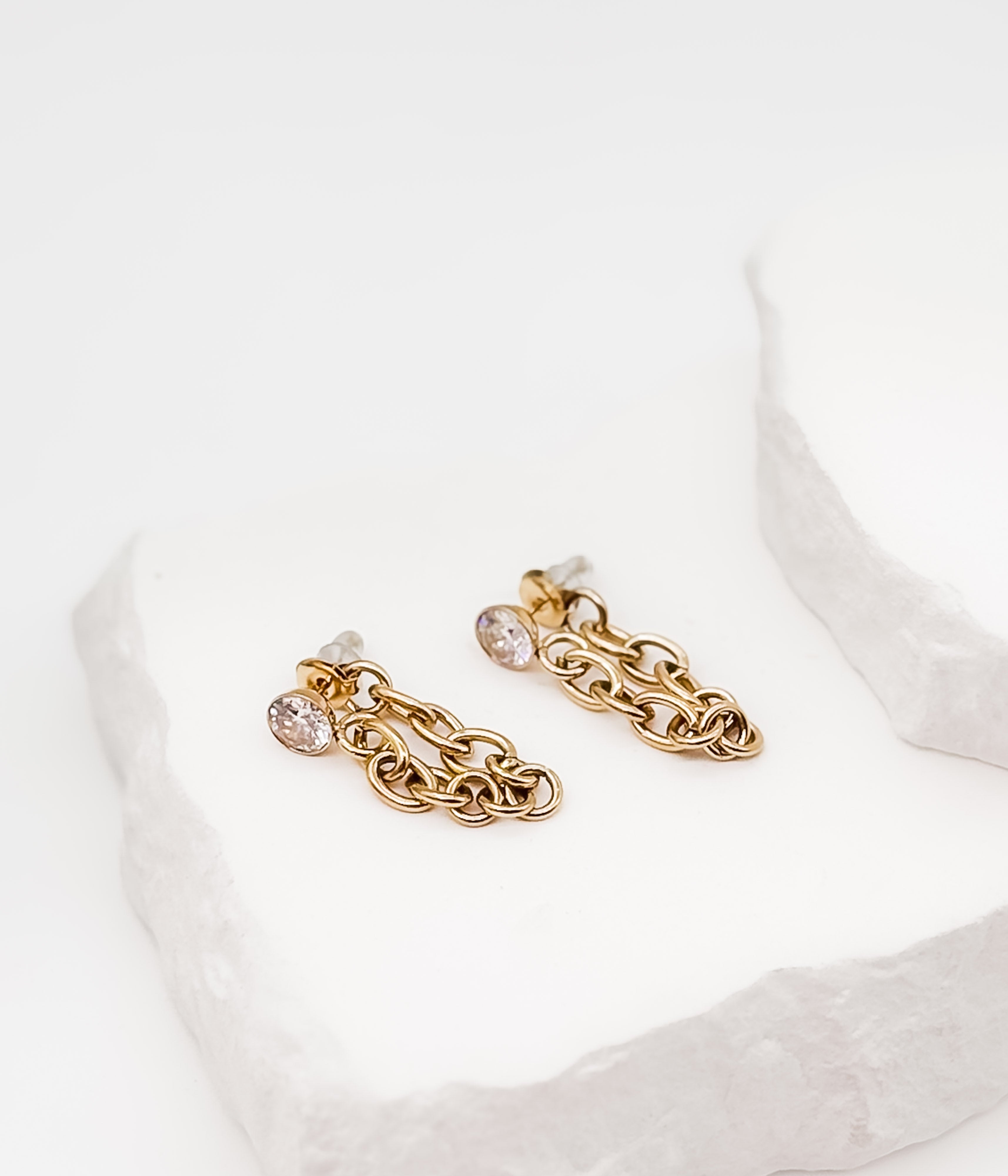 Gold Chain Drop Earrings with Crystal Stud - Rural Haze