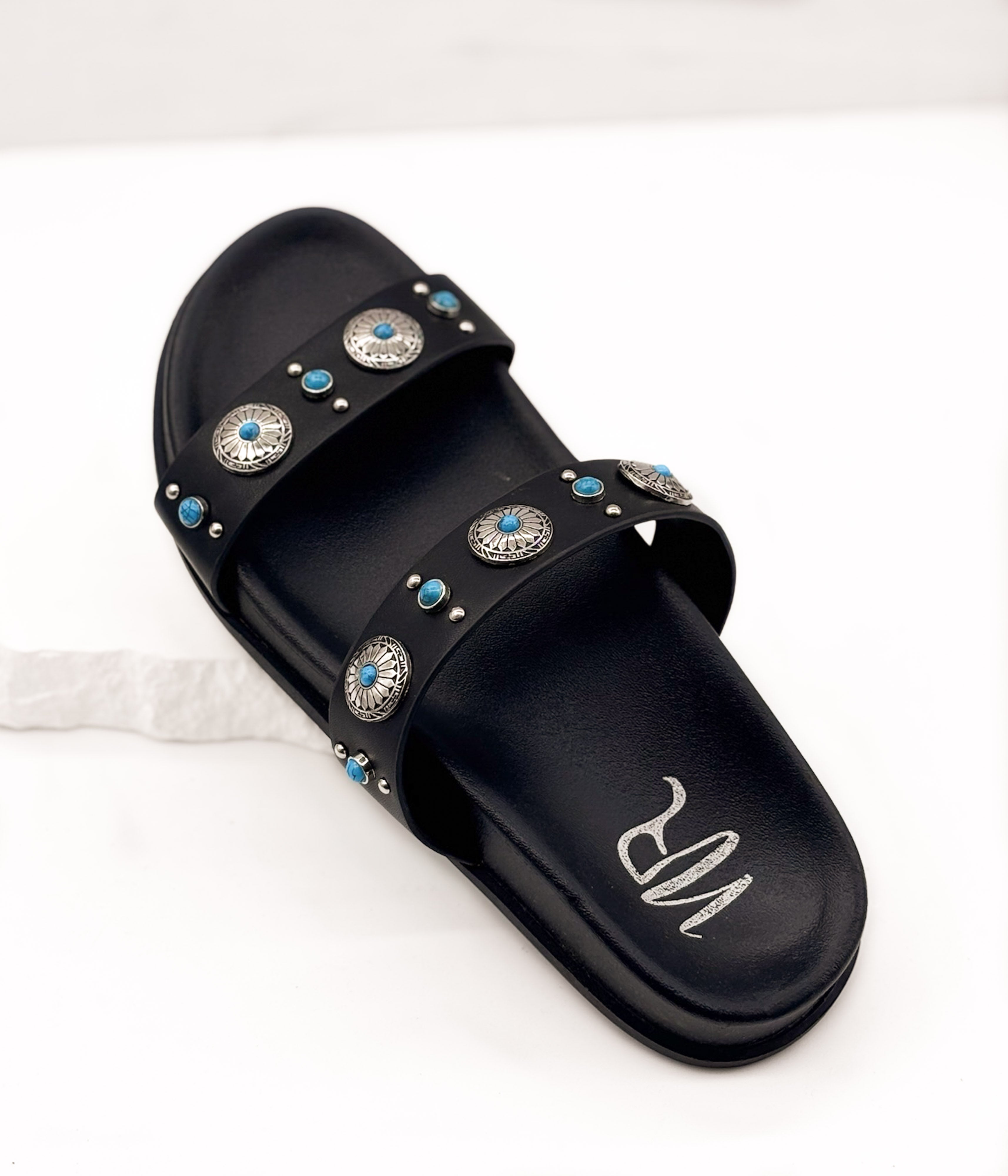 Briallen Western Studded Turquoise Sandal in Black