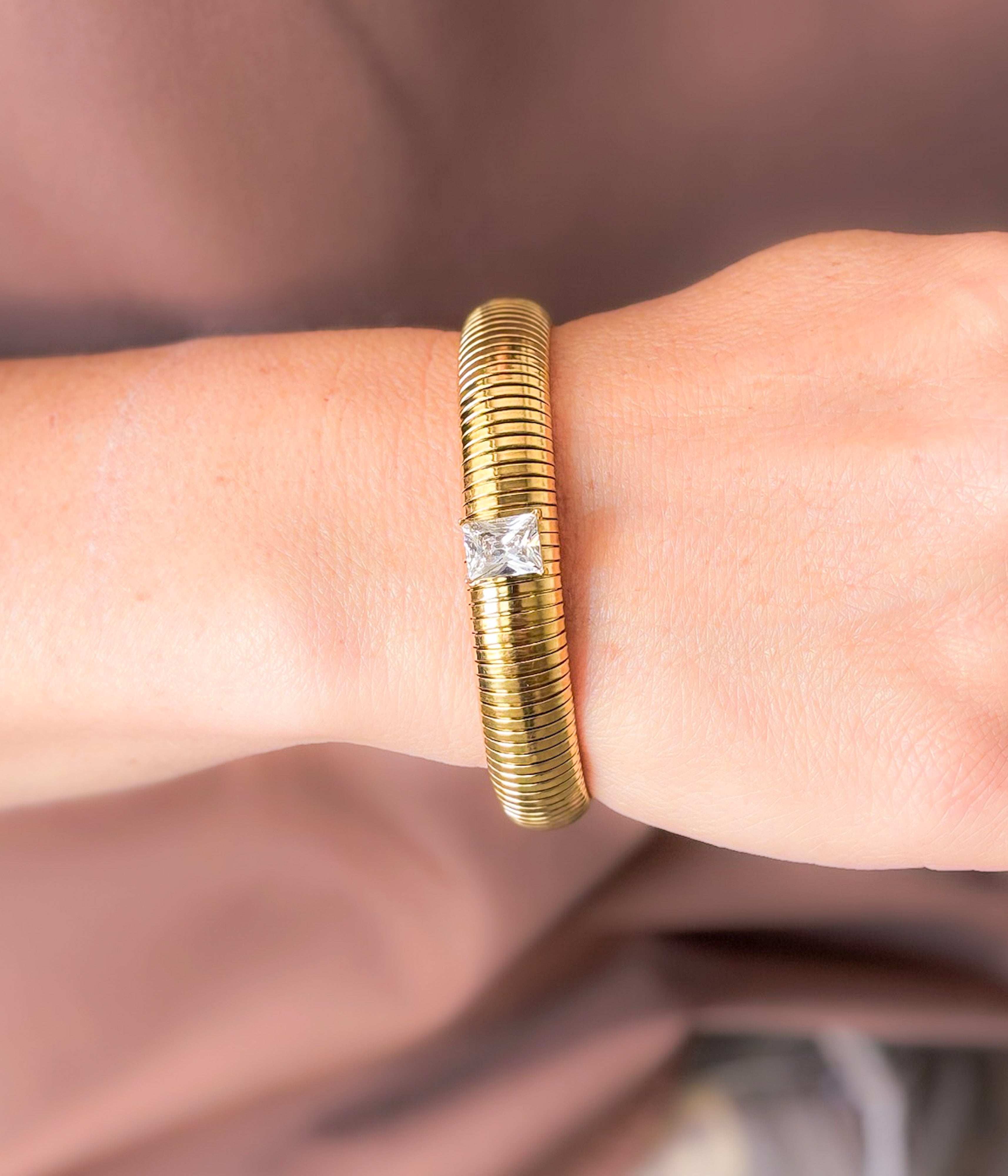 Gold Ribbed Bangle Bracelet with Crystal
