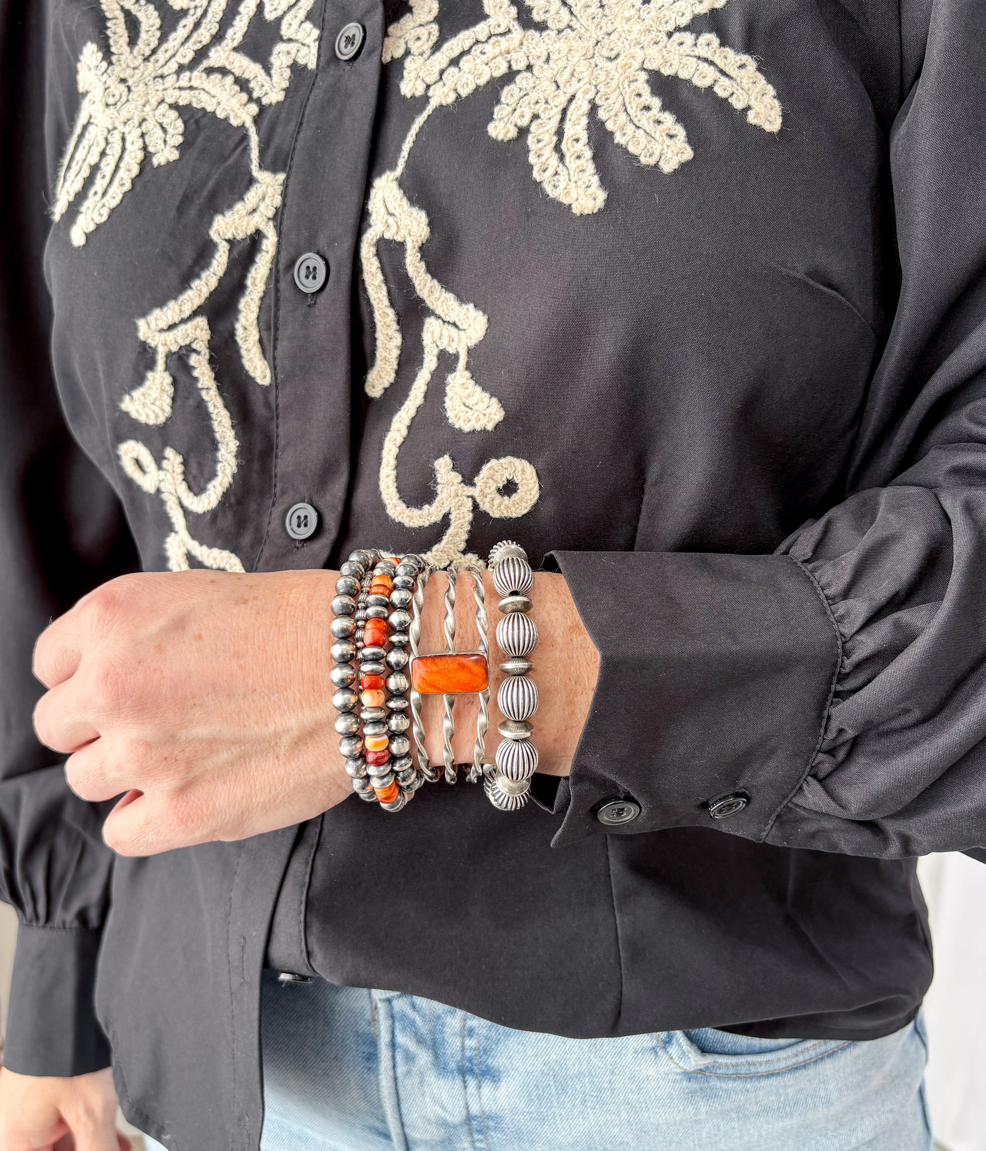 Embroidered Long Sleeve Black Button Up Top