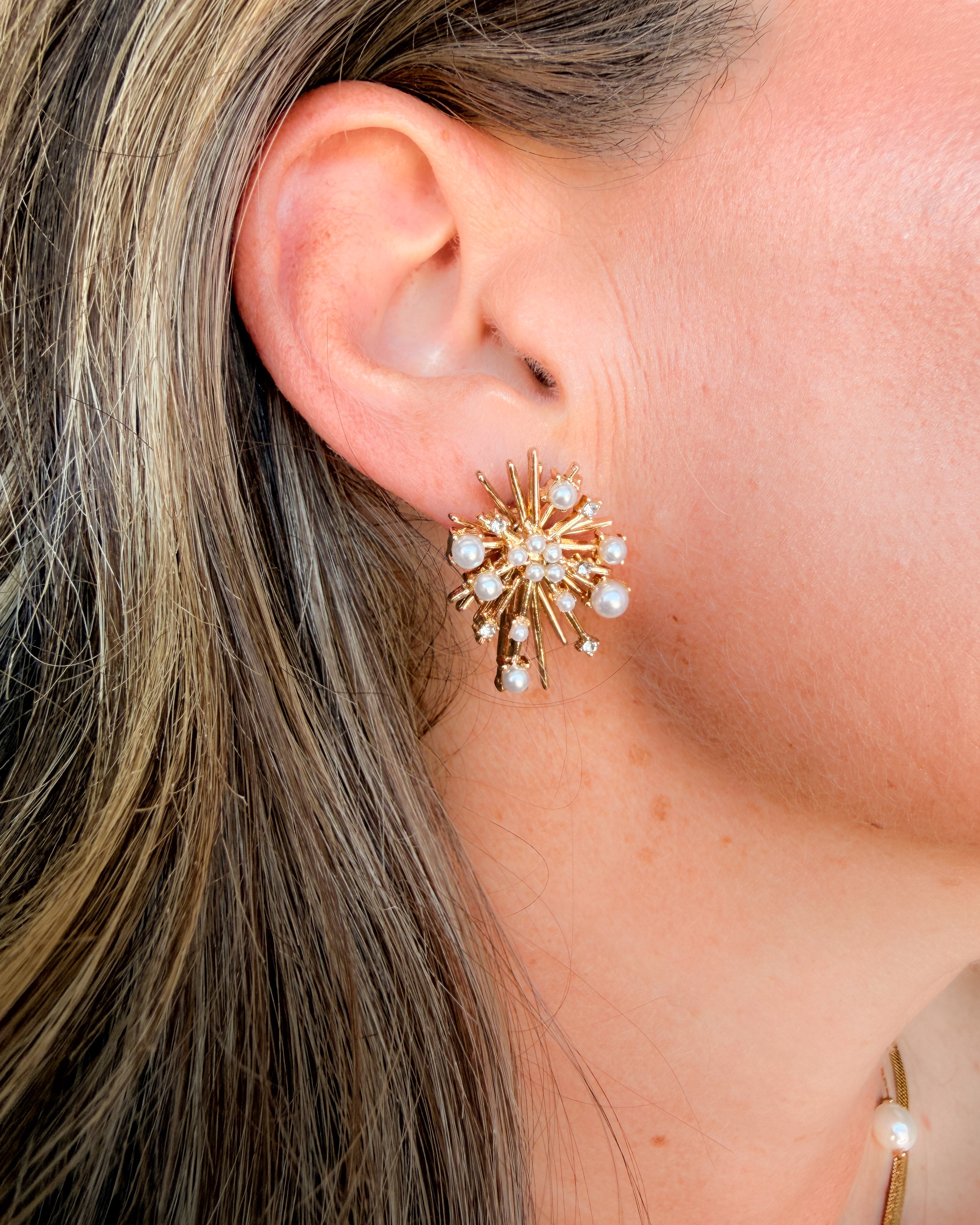 Gold Pearl Starburst Stud Earrings