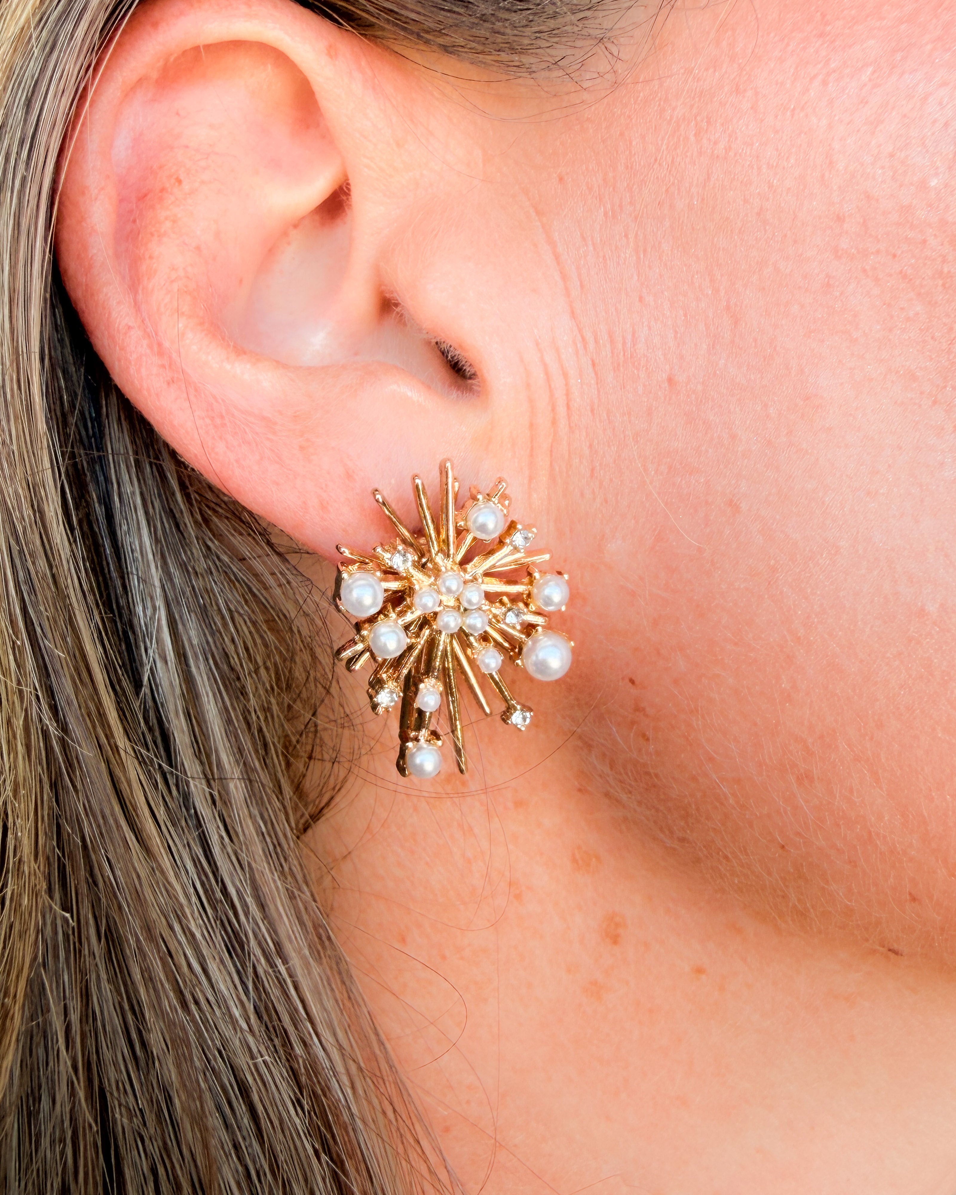 Gold Pearl Starburst Stud Earrings