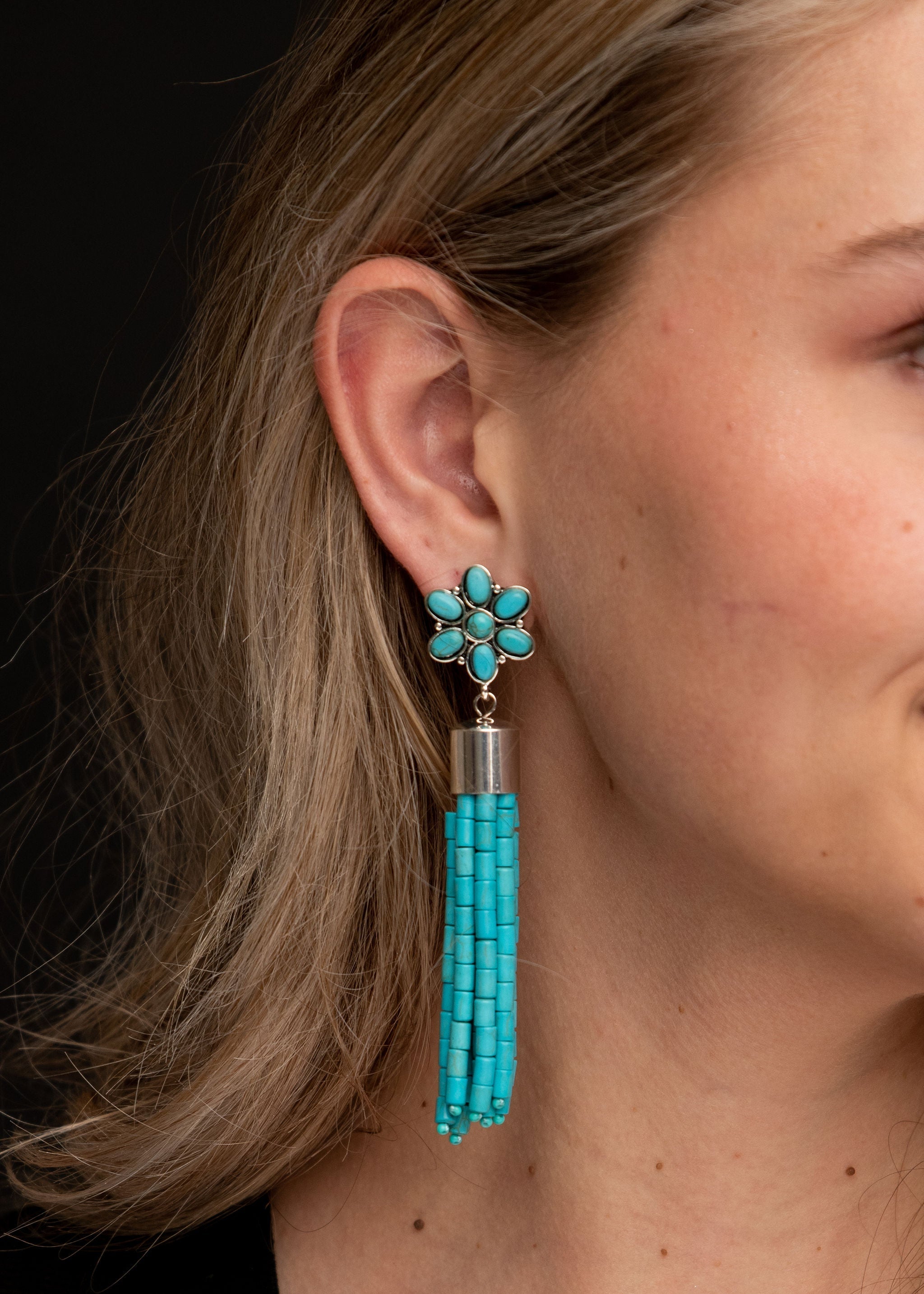 Floral Post and Turquoise Tassel Earrings - Rural Haze