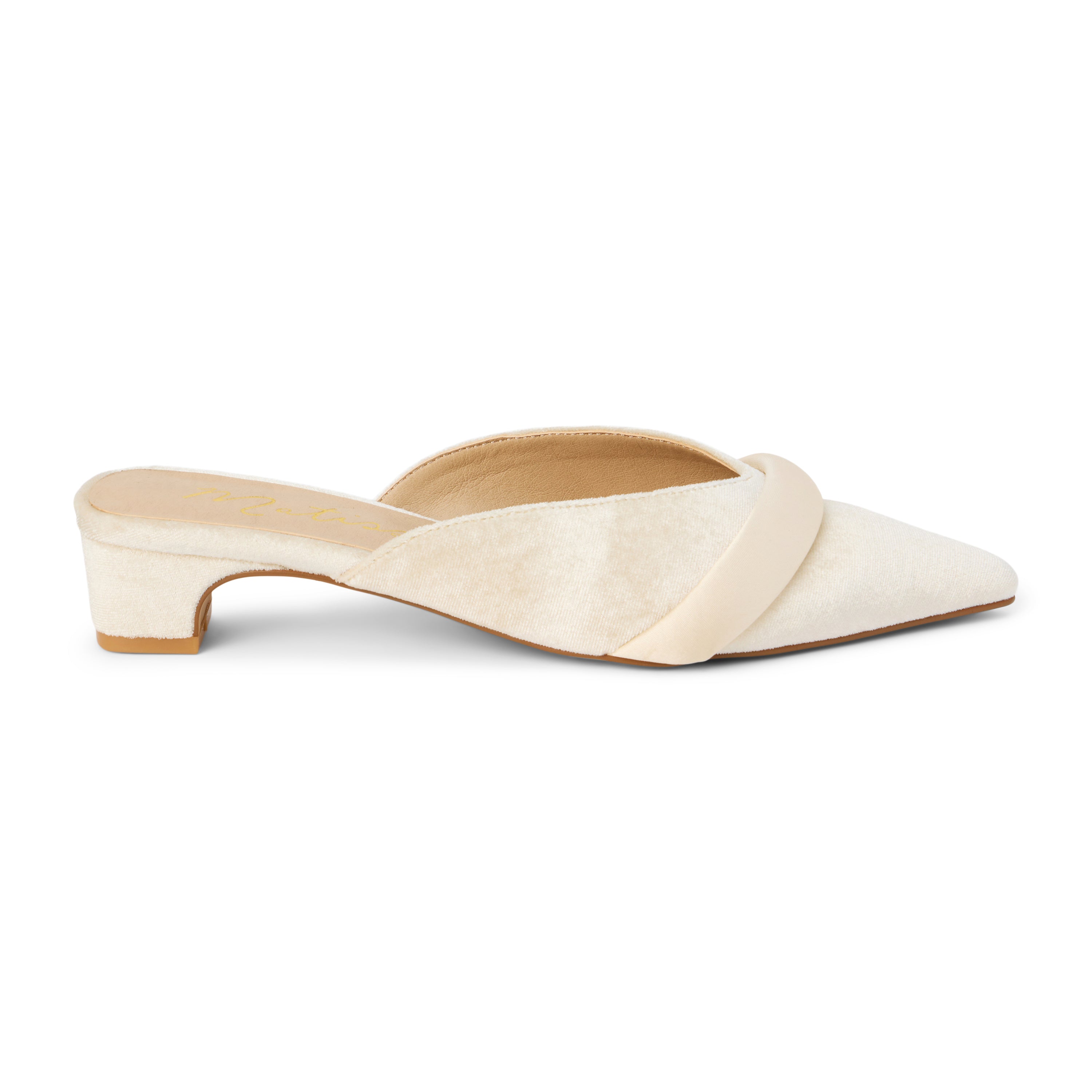 Kellan Heeled Mule – Matisse Footwear – Ivory velvet mule with a pointed toe, asymmetrical satin strap, and low block heel. A bold and elegant style that effortlessly elevates day-to-night dressing.