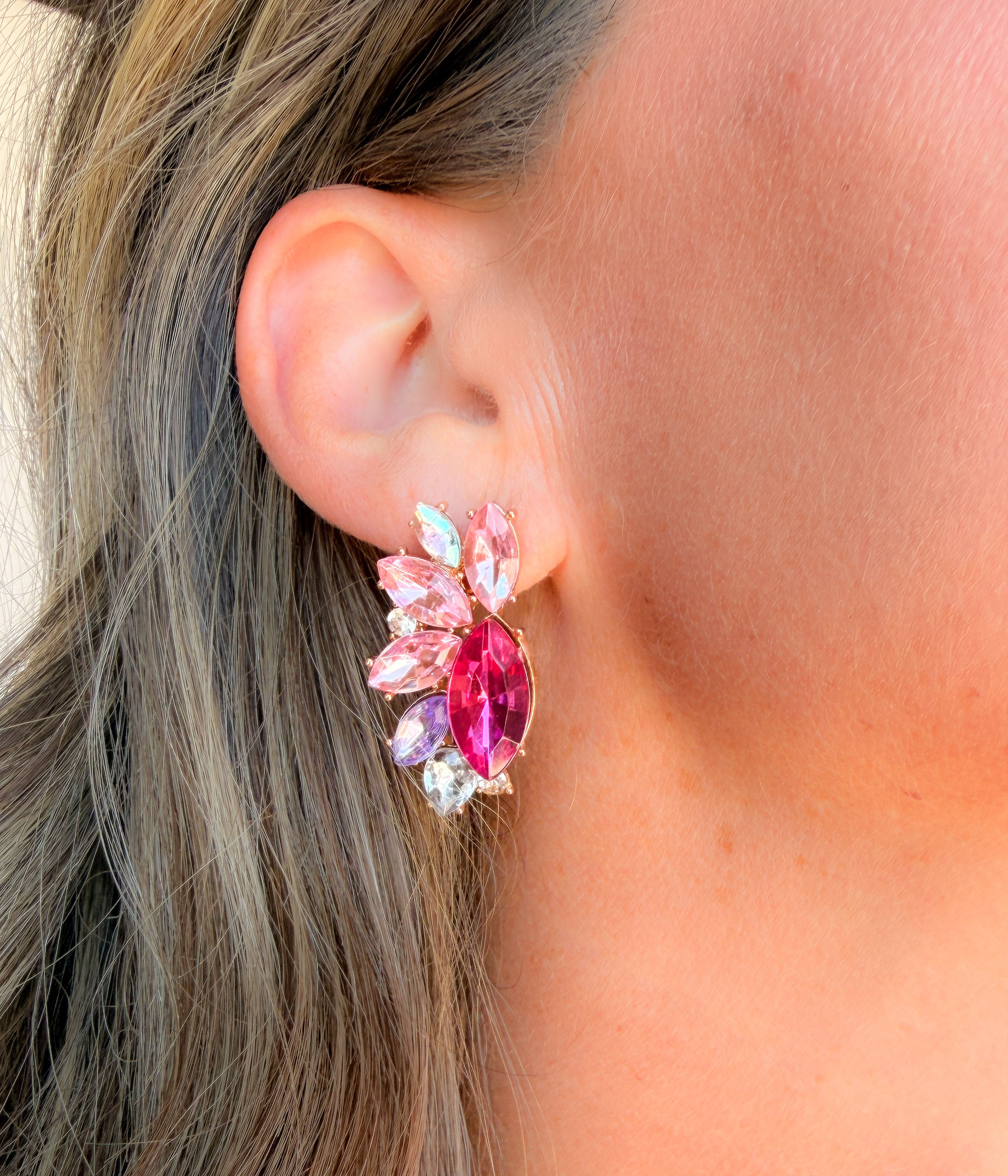 Pink Floral Crytsal Studs
