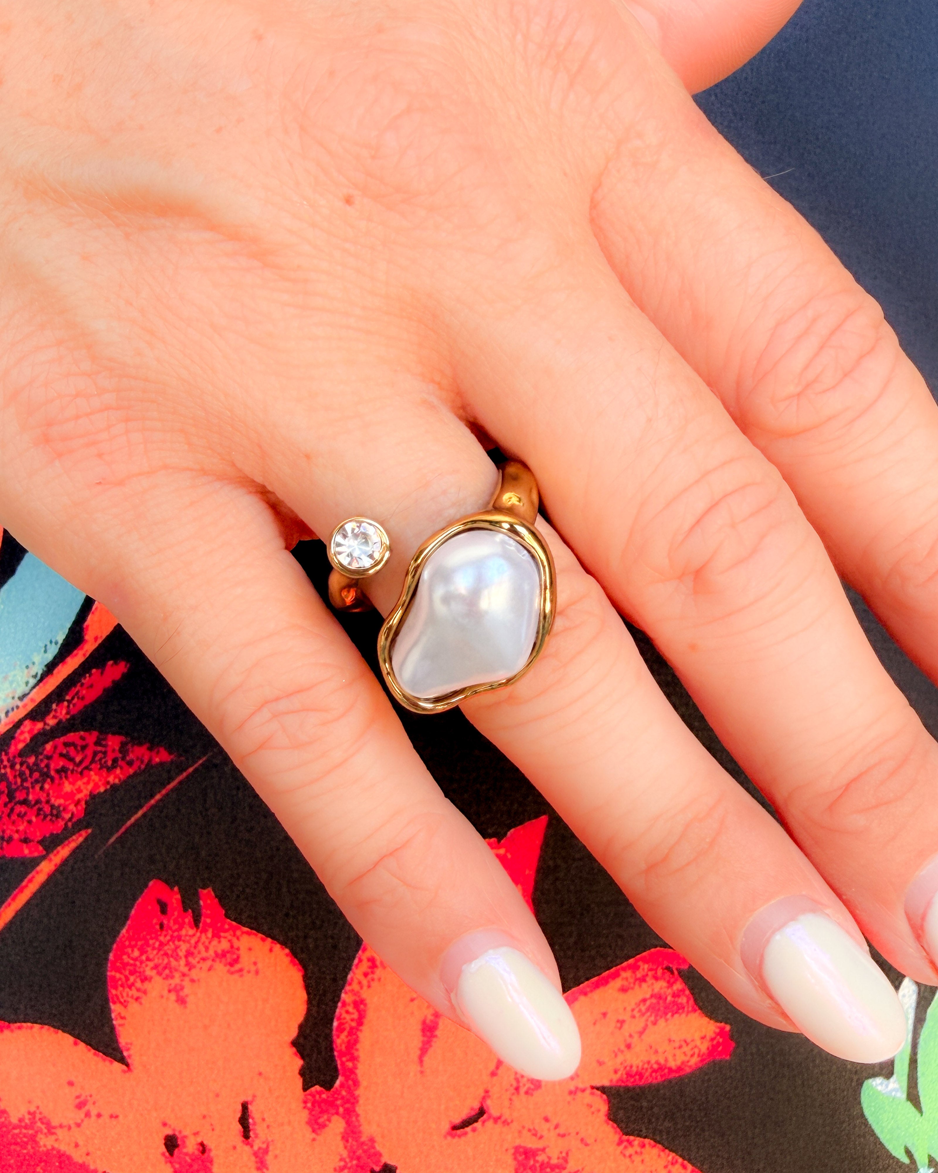 Gold Open Ring with Organic Pearl
