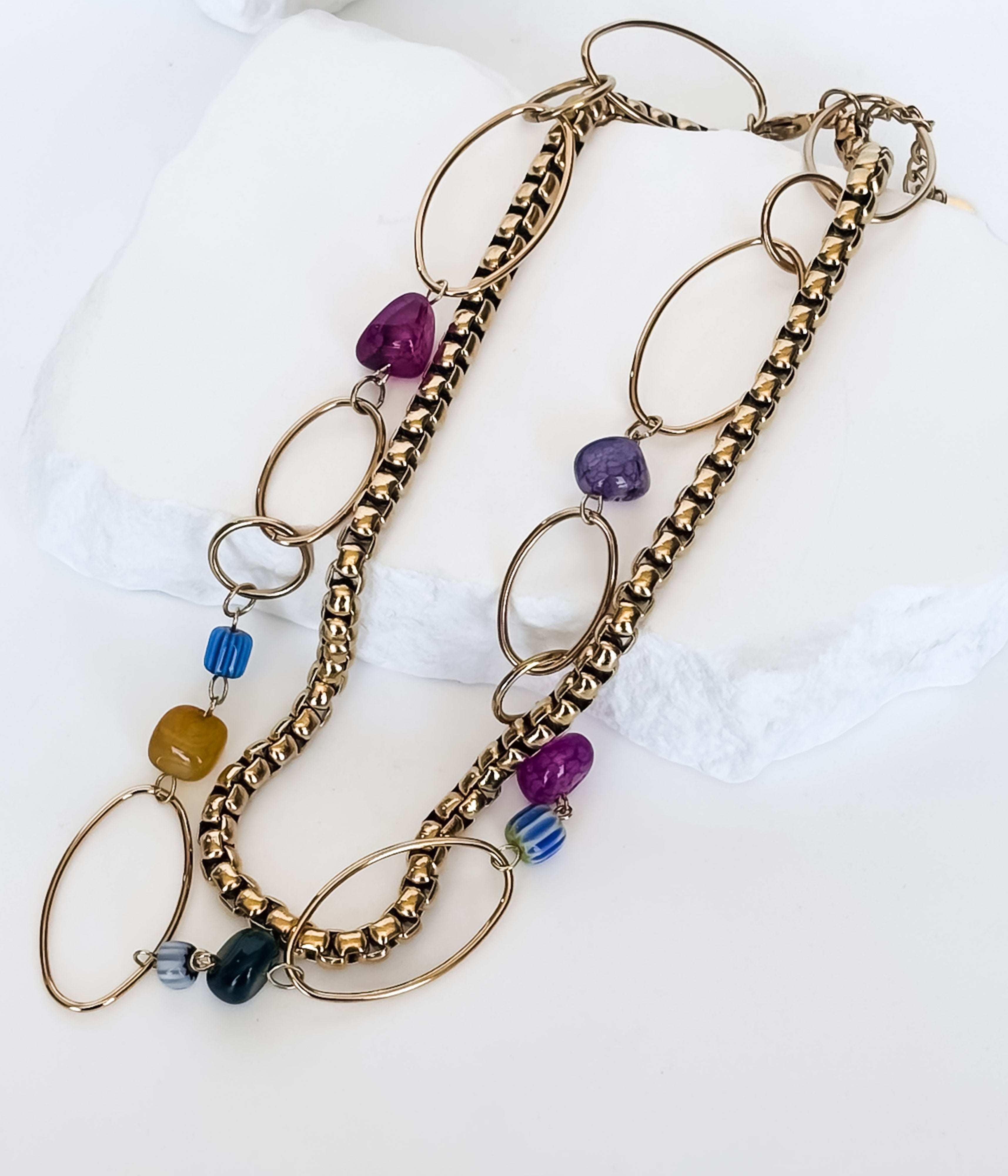 Gold Chain and Multicolor Bead Necklace