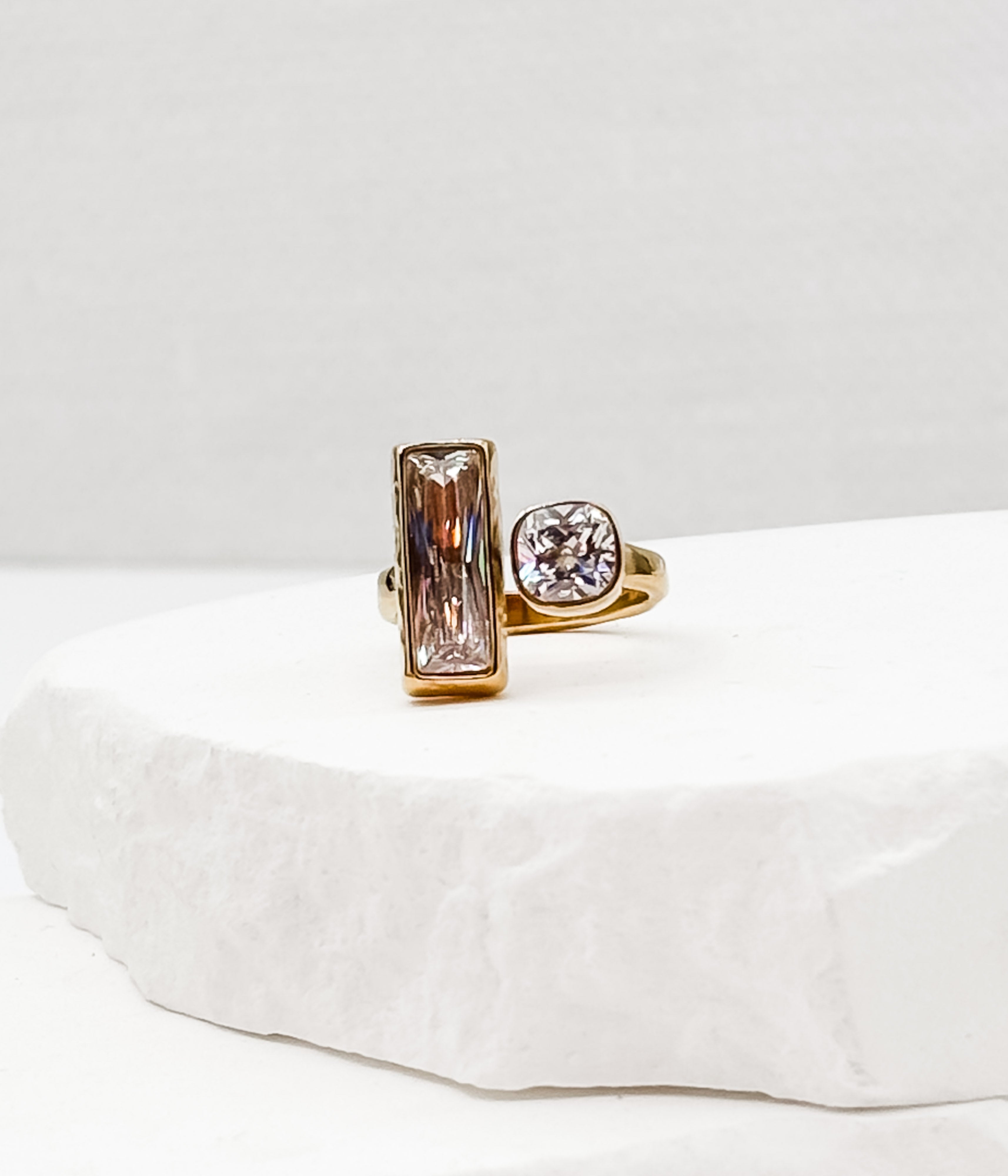Gold Open Ring with Baguette & Round Crystal - Rural Haze
