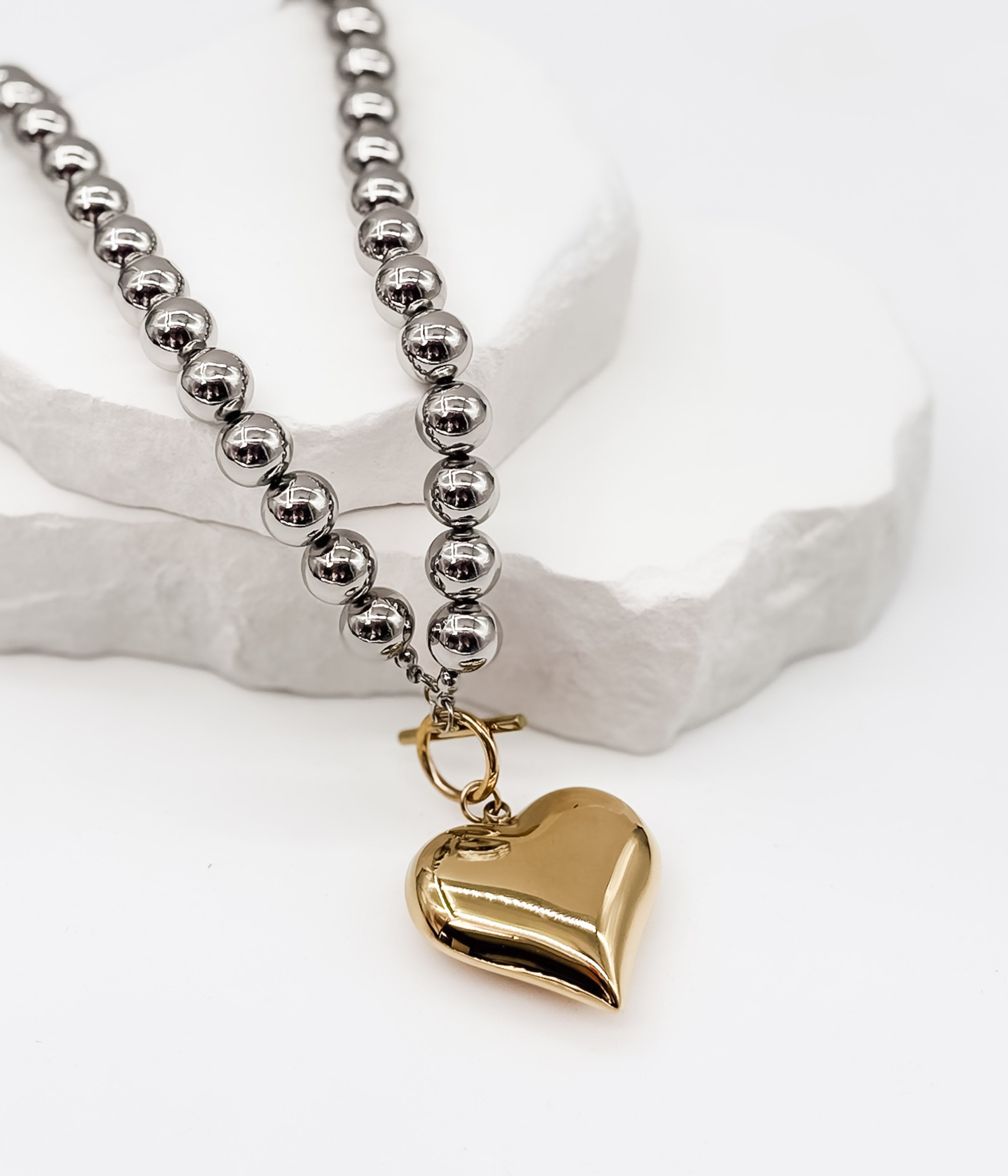 Silver Beaded Necklace with Gold Heart Pendant - Rural Haze