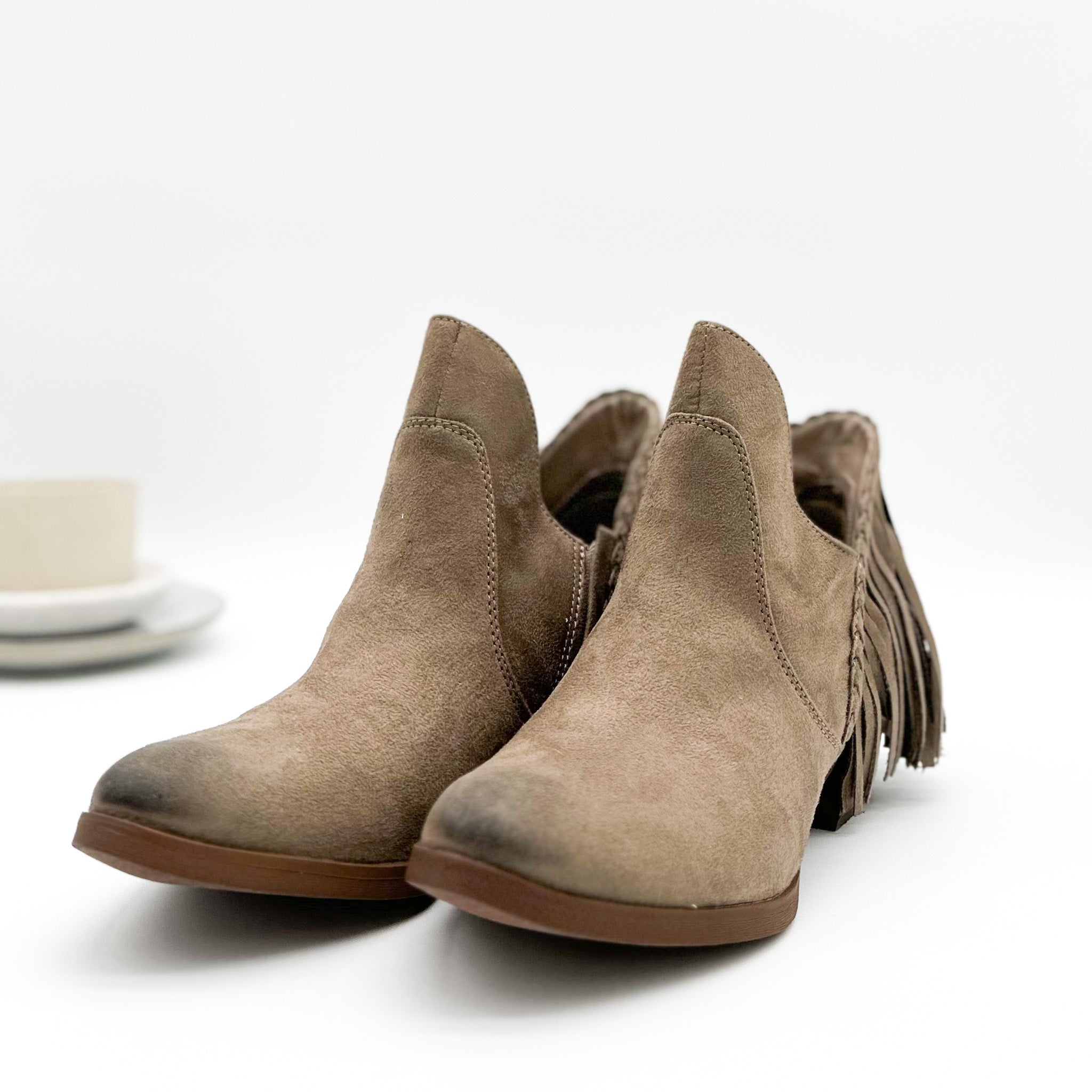 Braxton Western Fringe Ankle Boot in Taupe