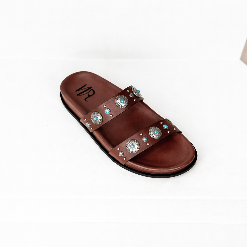 Briallen Western Studded Turquoise Sandal in Chocolate