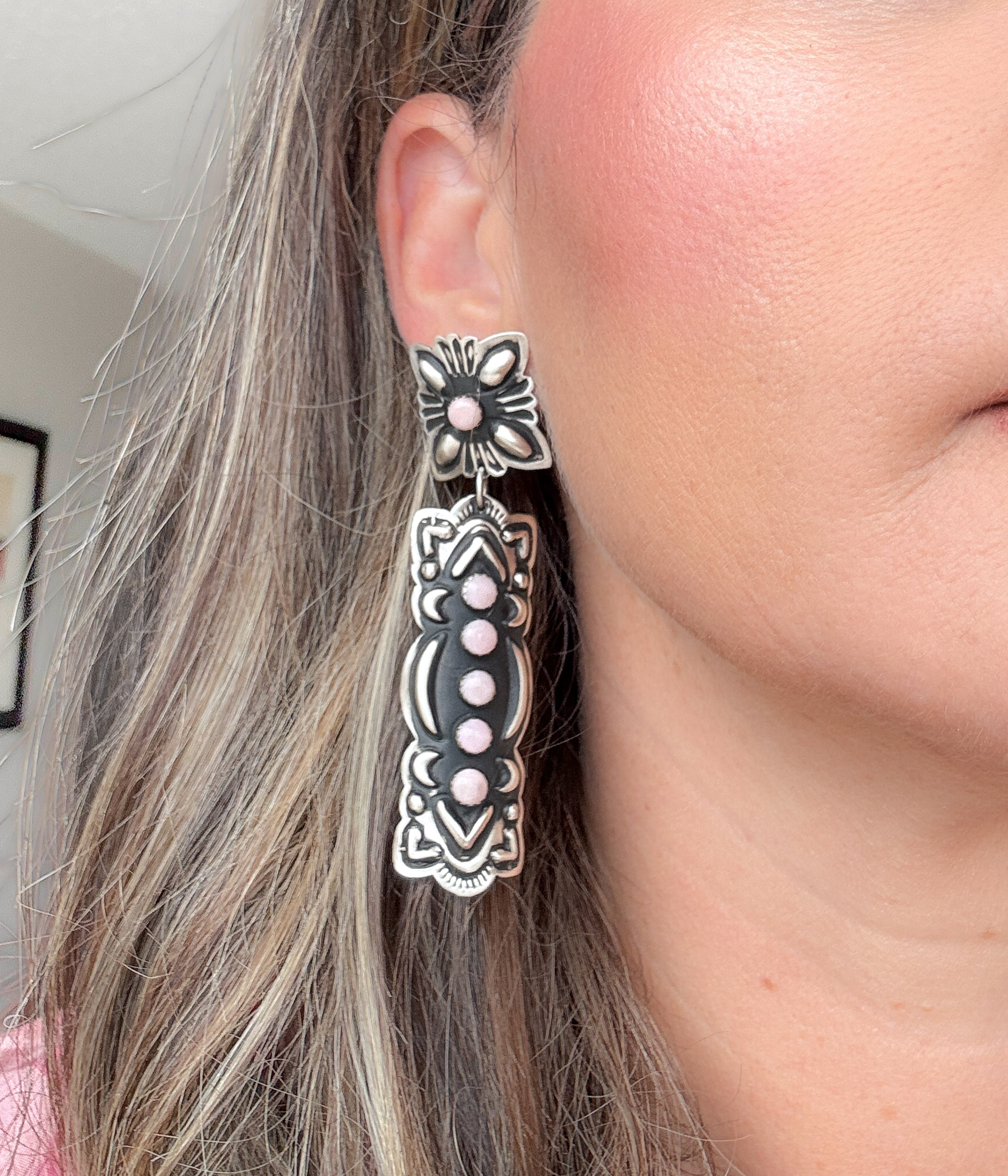 Two Piece Silver Navajo Earrings with Pink Conch