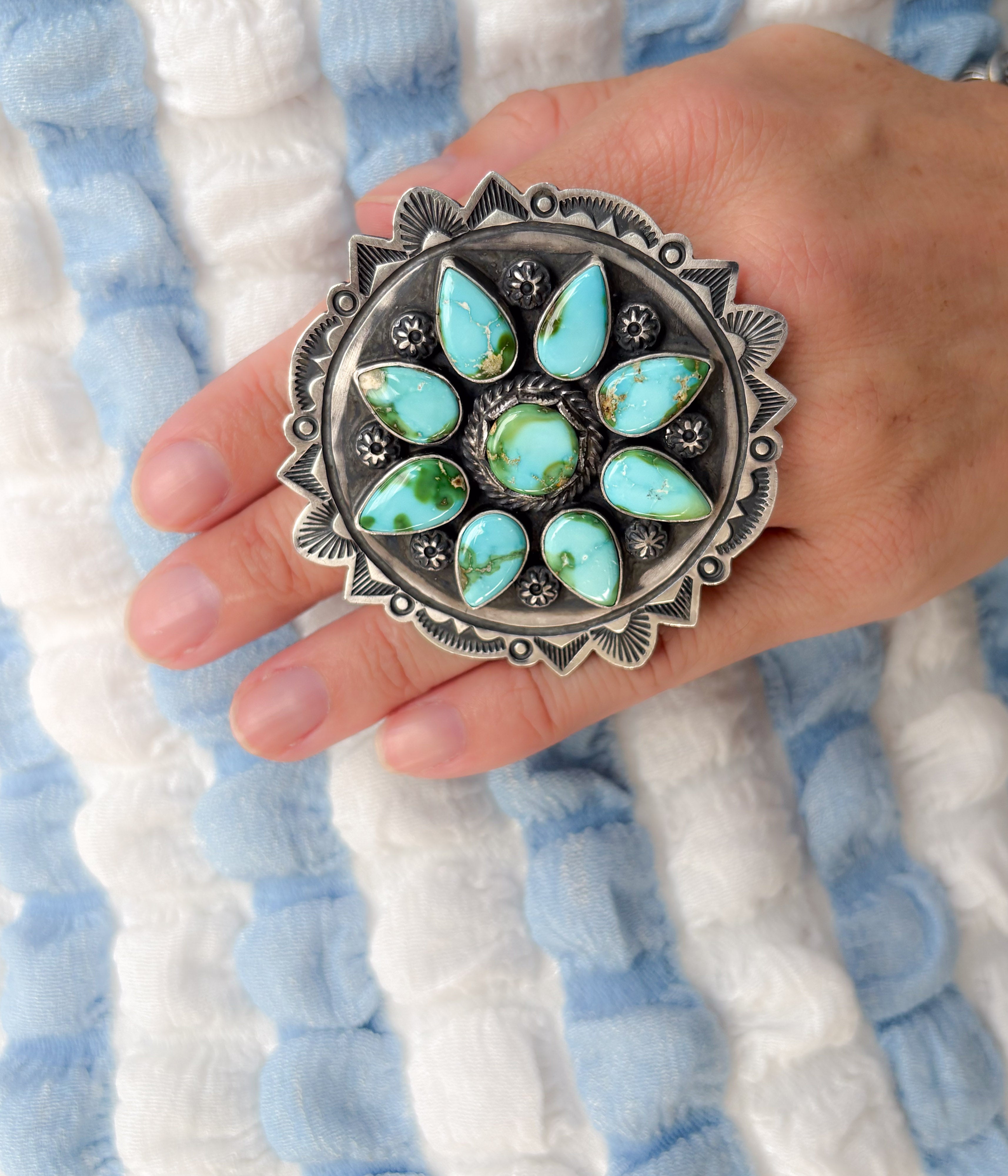 Massive Navajo Turquoise Adjustable Cluster Ring with Kingman Turquoise