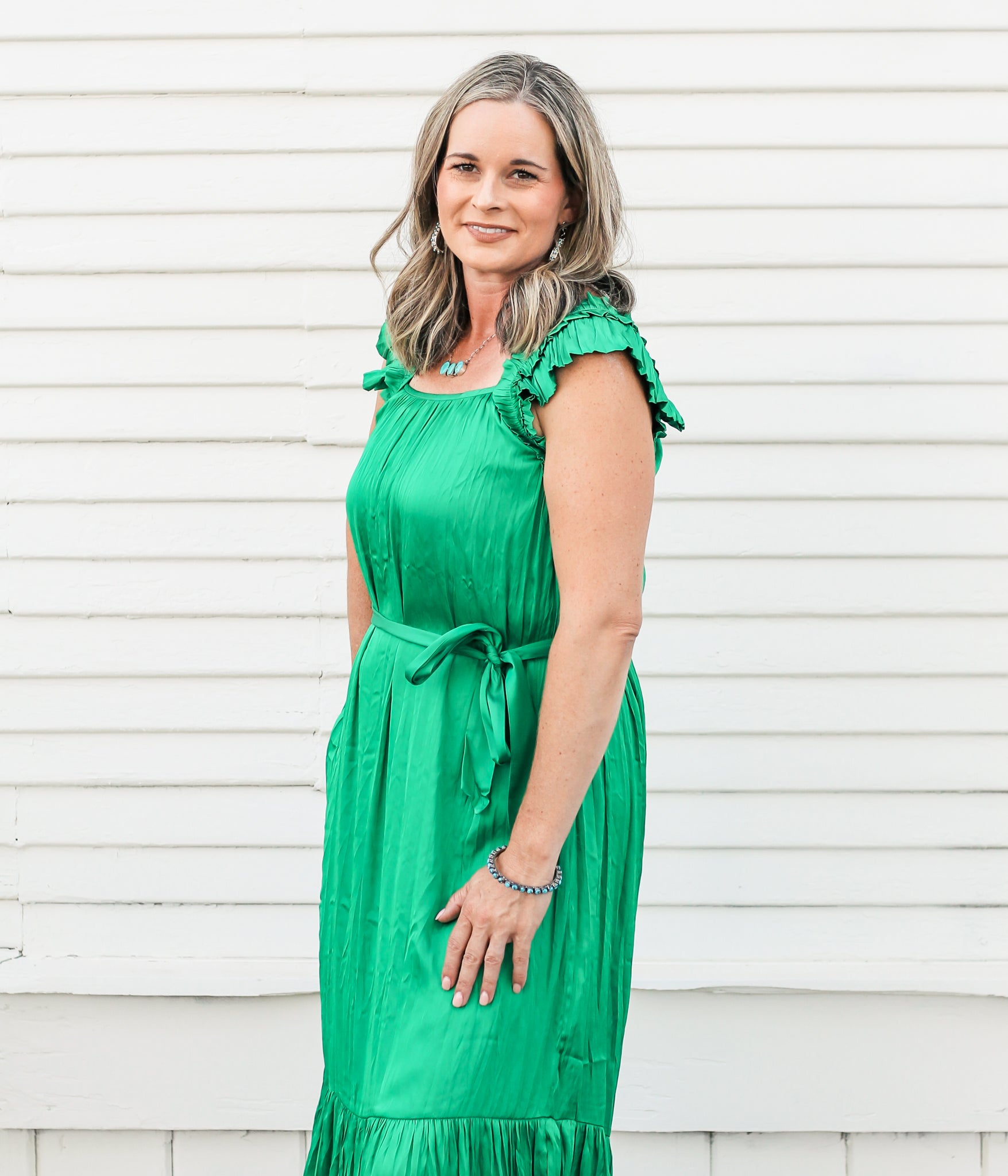 Crinkled Ruffled Shoulder Midi Dress in Emerald Green - Rural Haze