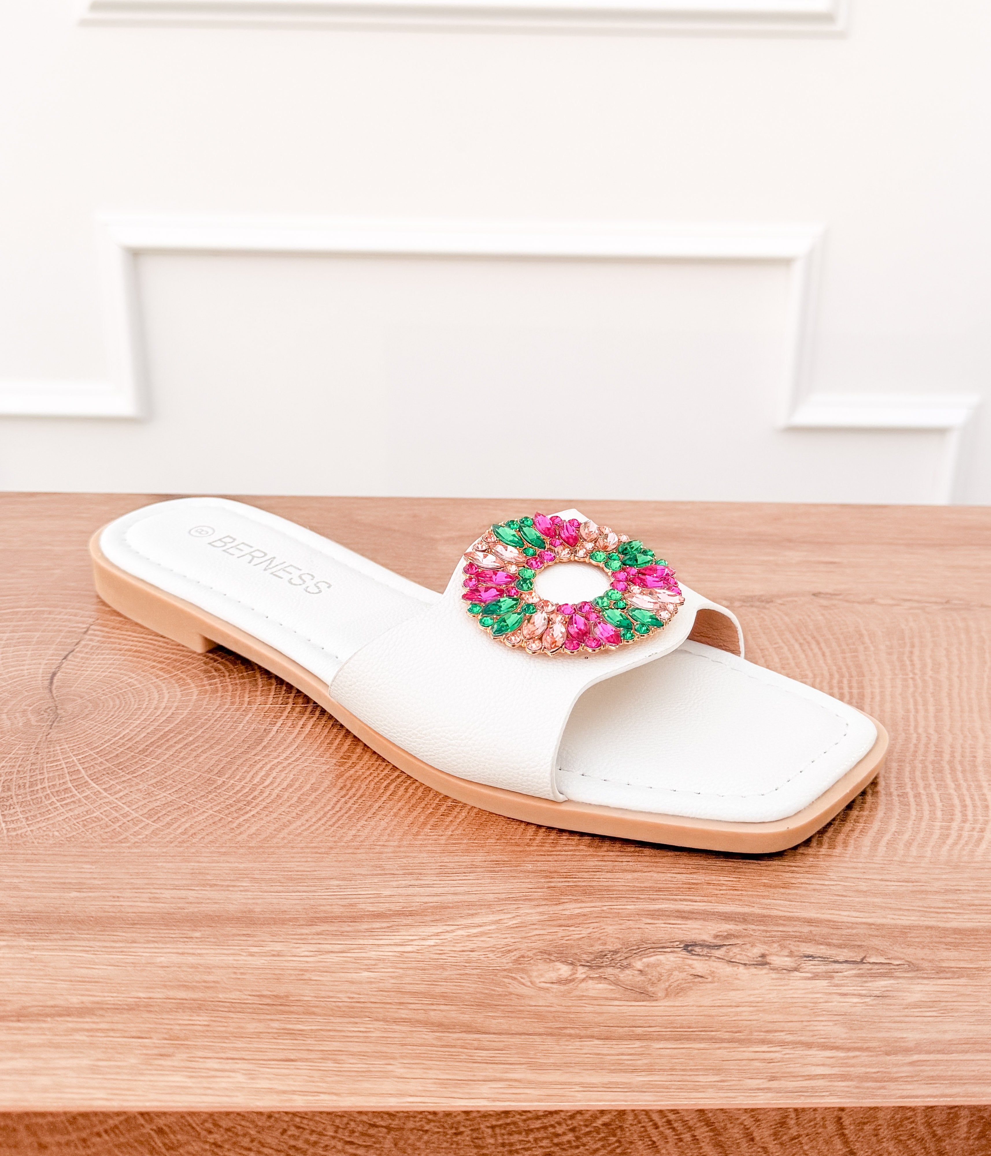 Dee Slide Sandal with Multi Color Crystal Accent in White