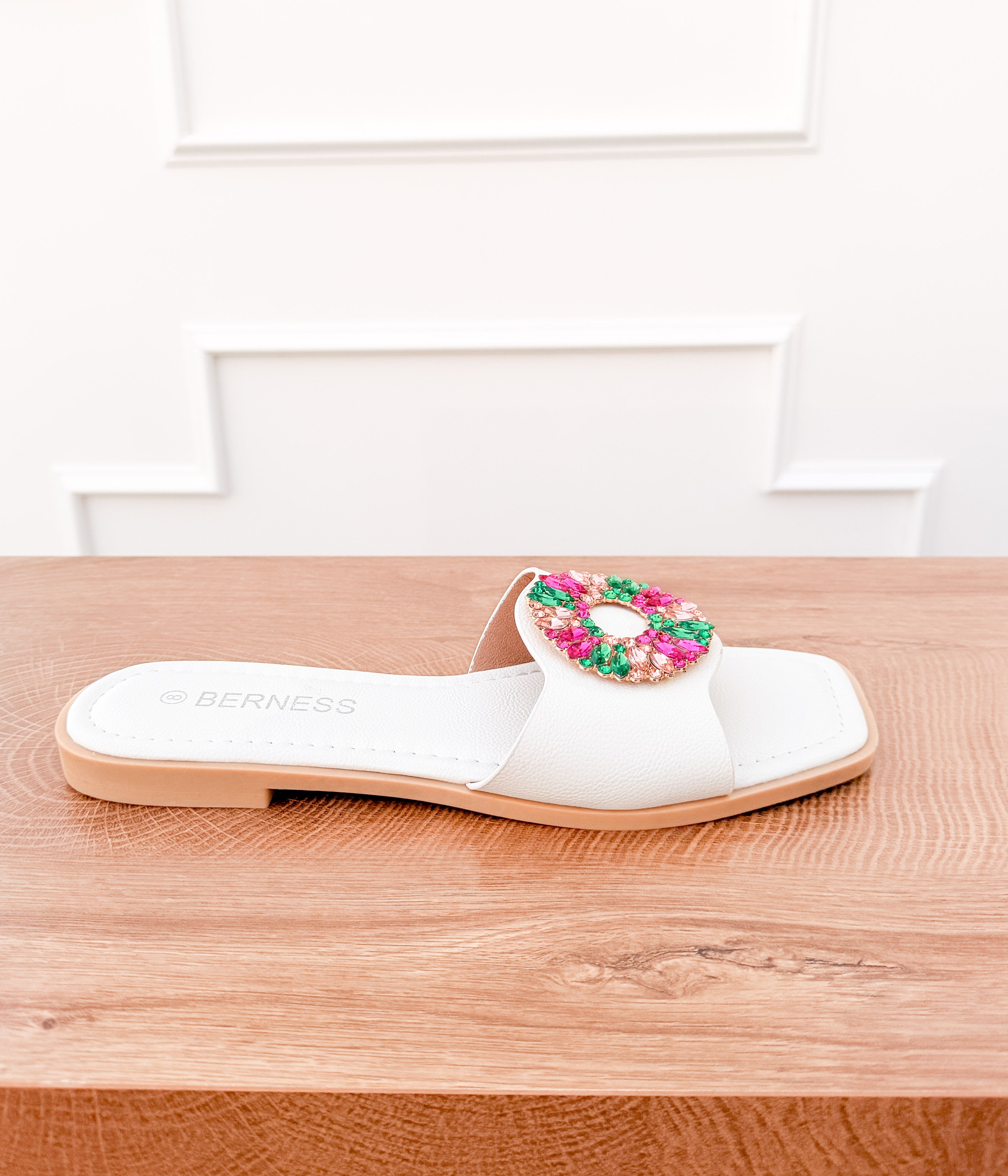 Dee Slide Sandal with Multi Color Crystal Accent in White