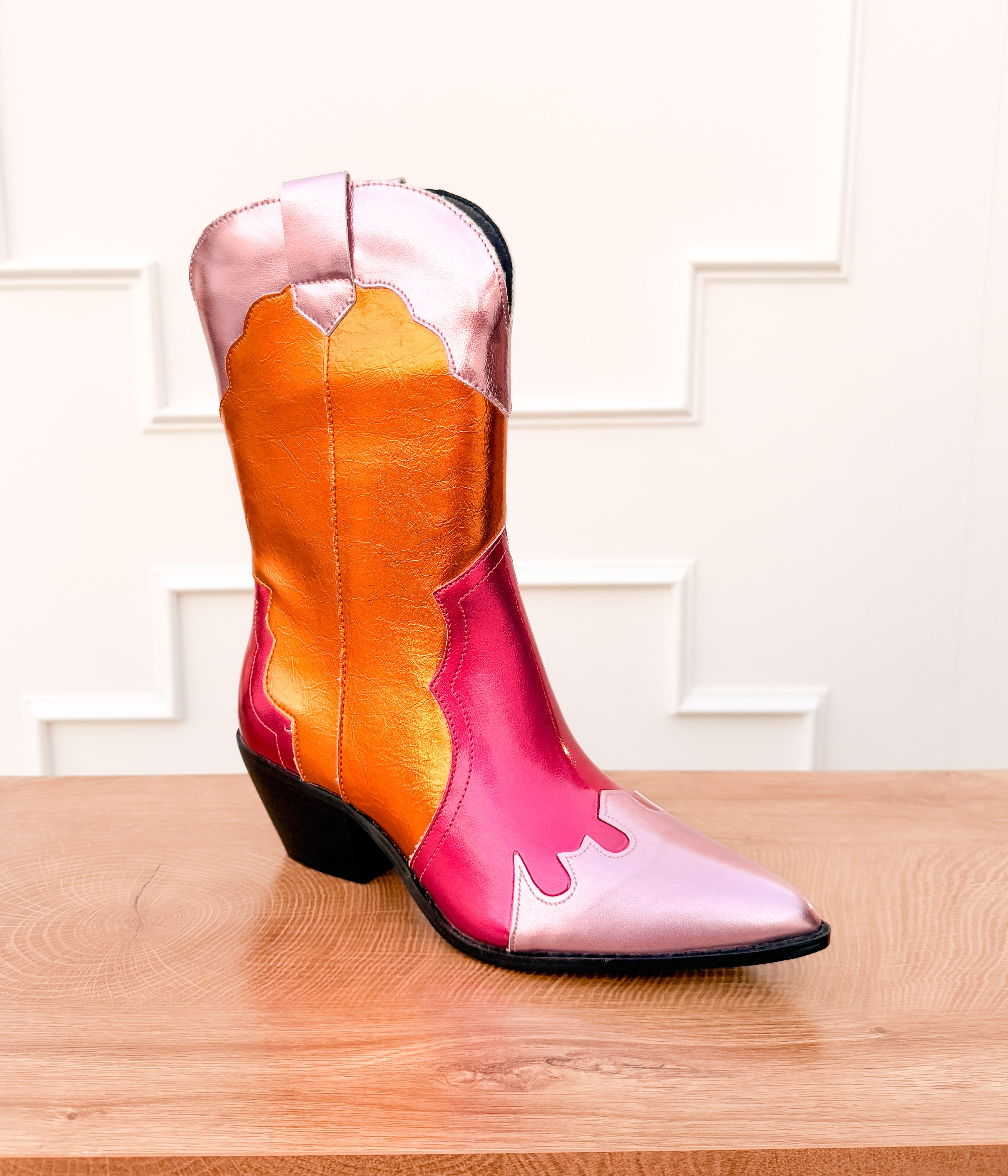 Kitty Metallic Western Boots in Pink Multi