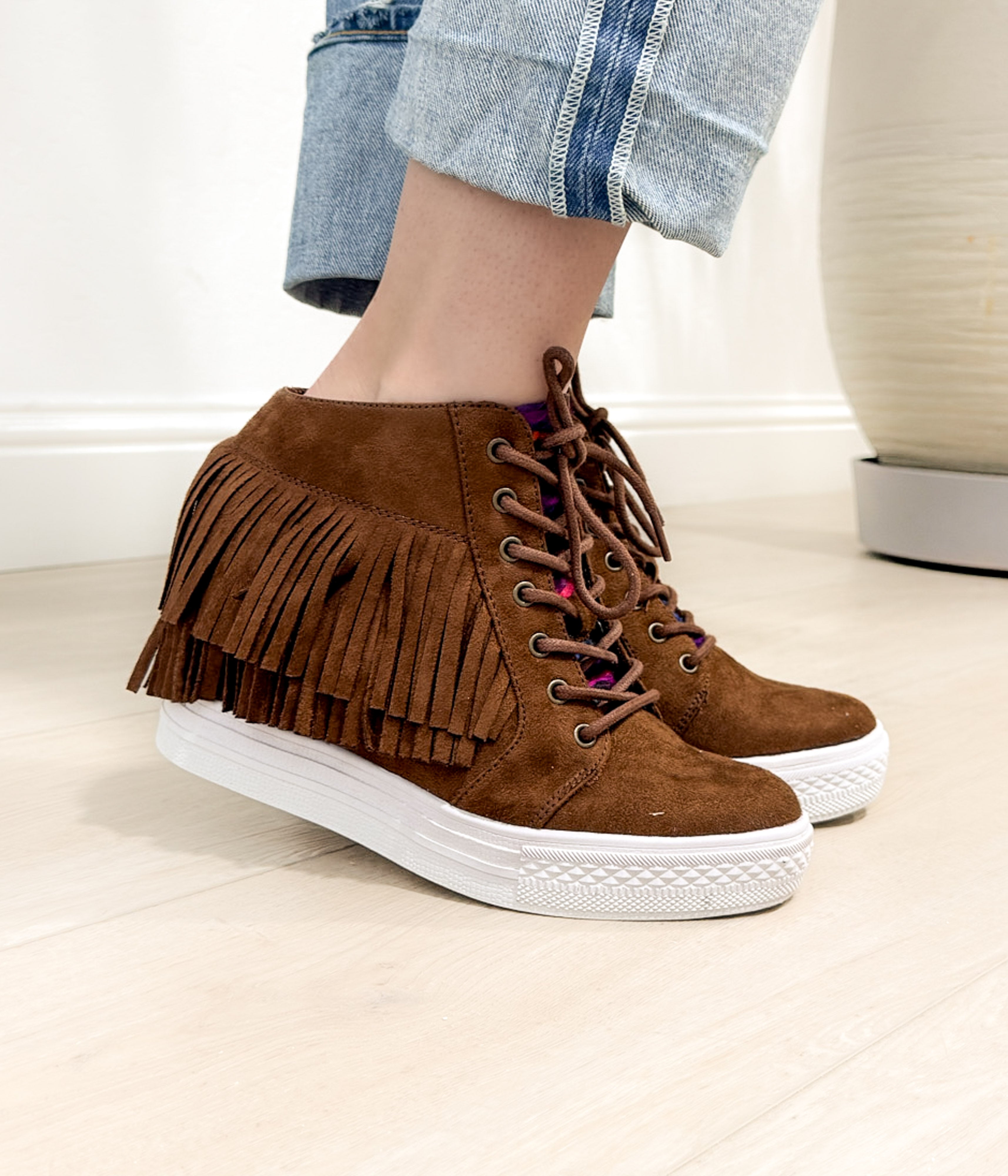 Nick Fringe Sneaker Wedge in Brown