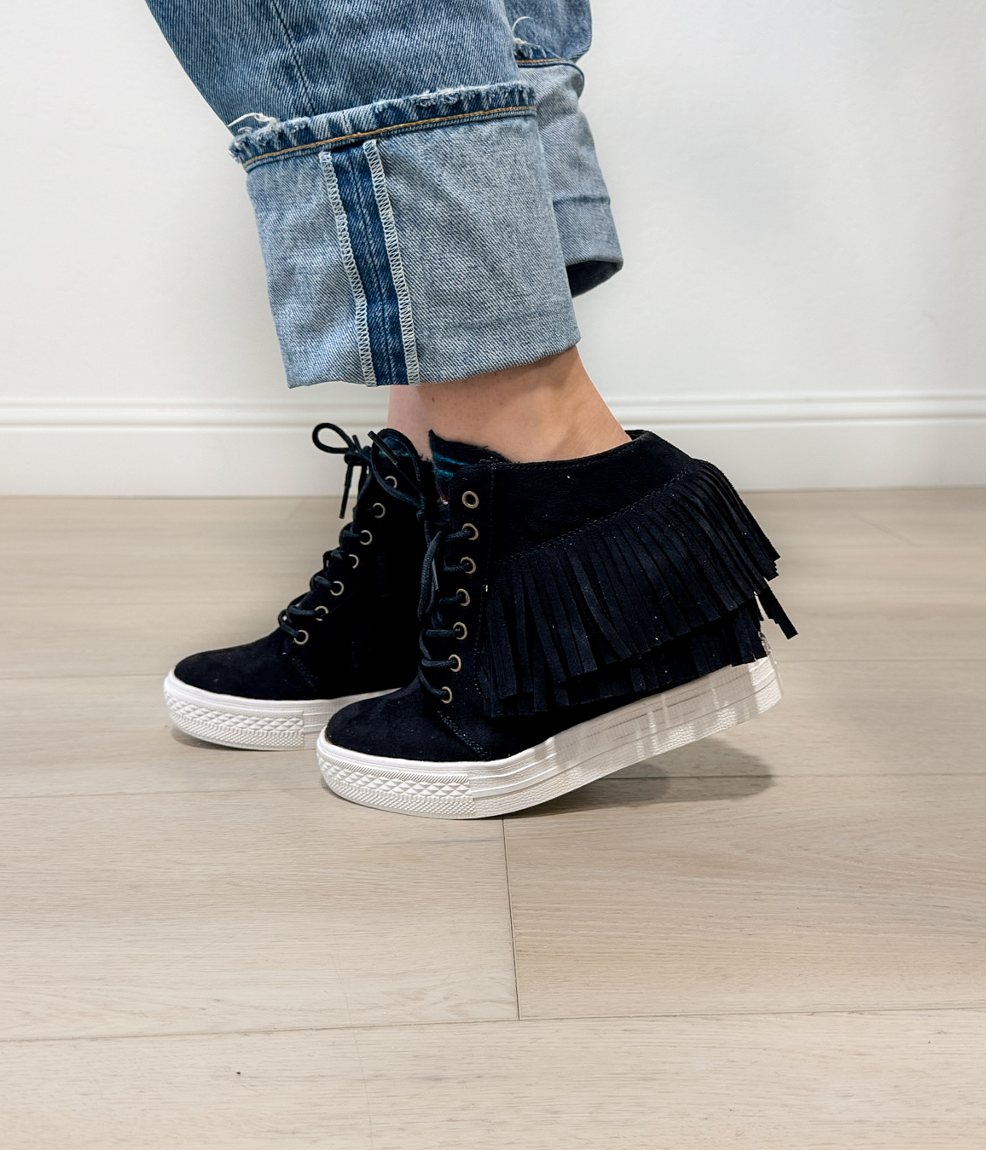 Nick Fringe Sneaker Wedge in Black