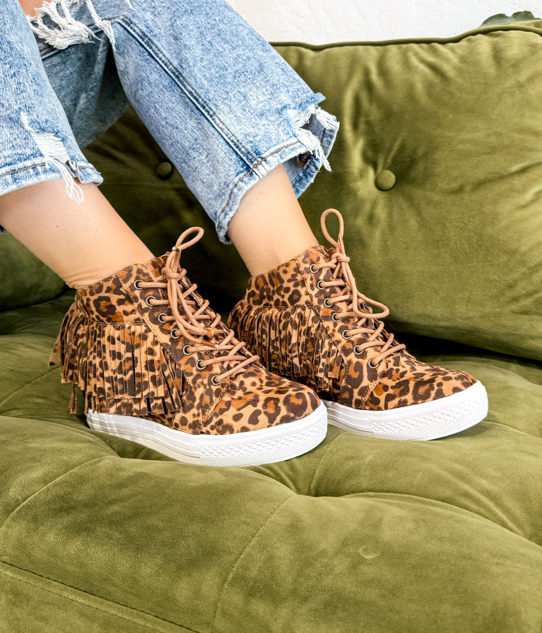 Nick Fringe Sneaker Wedge in Leopard - Rural Haze