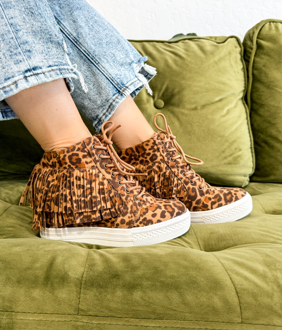 Nick Fringe Sneaker Wedge in Leopard - Rural Haze
