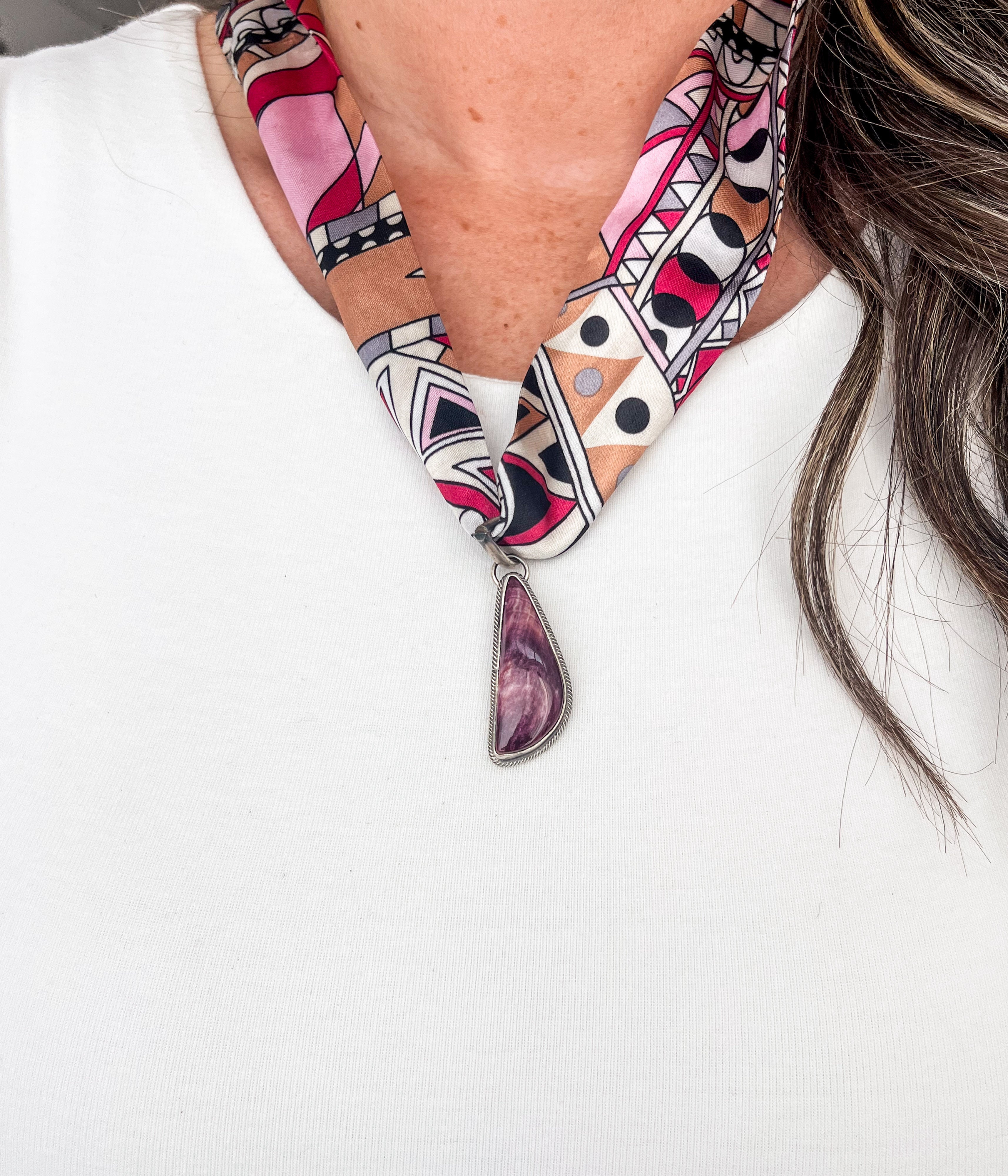 Long Spiny Oyster Pendant on Scarf Necklace