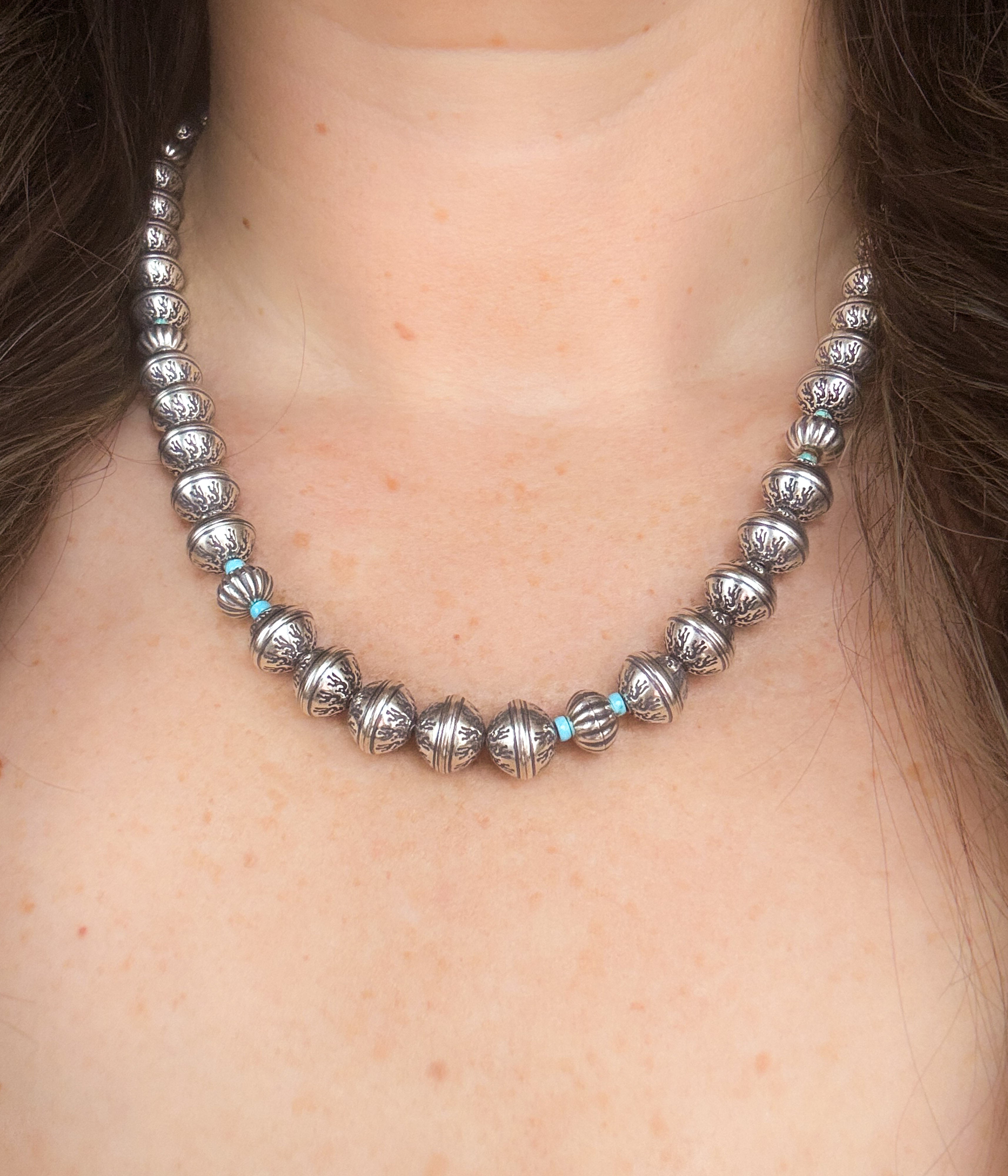 Stamped and Turquoise Bead Necklace