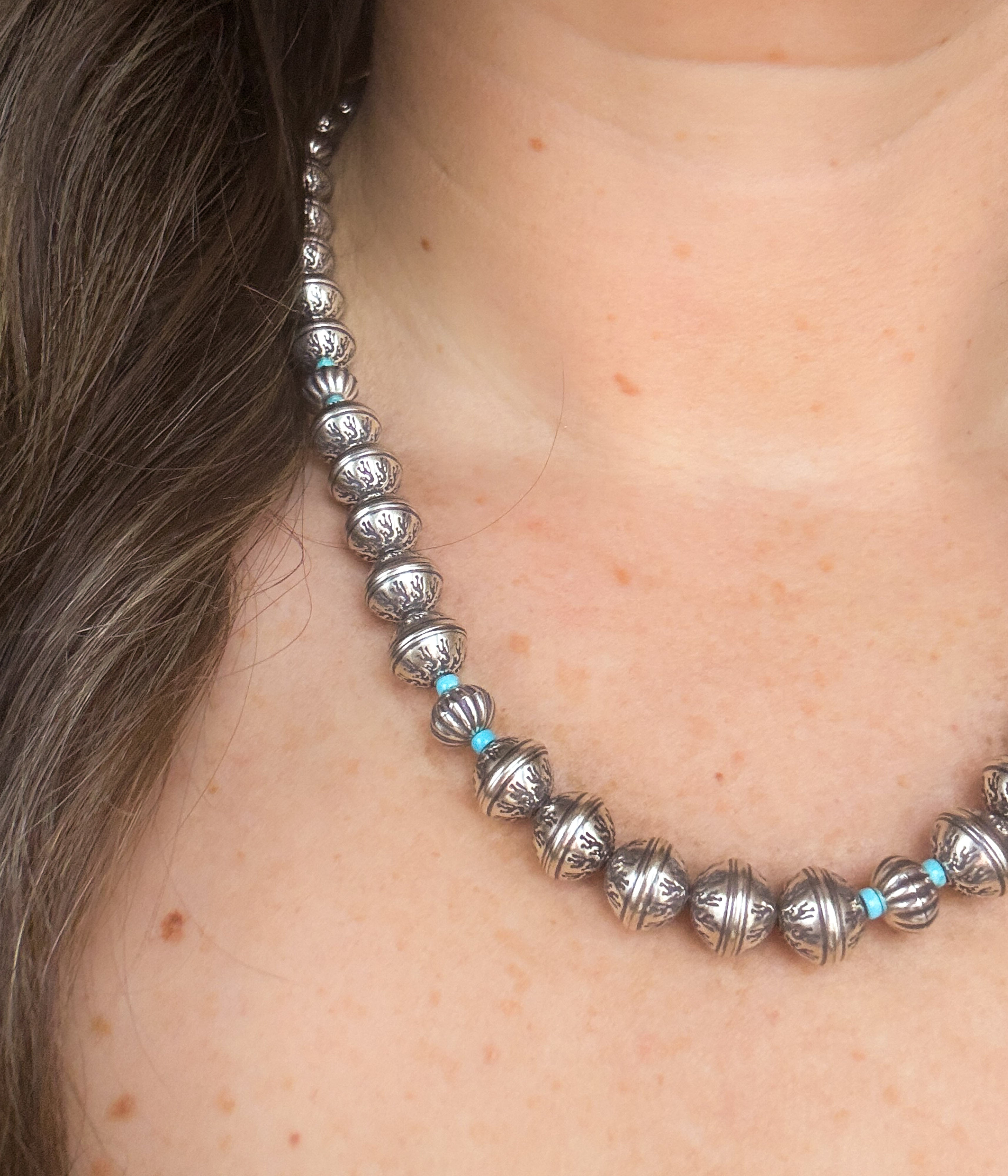 Stamped and Turquoise Bead Necklace