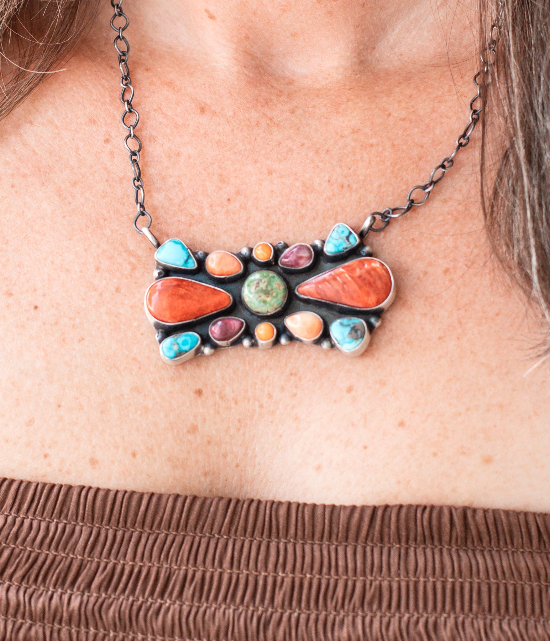 Large Mixed Stone Rectangle Bar Necklace