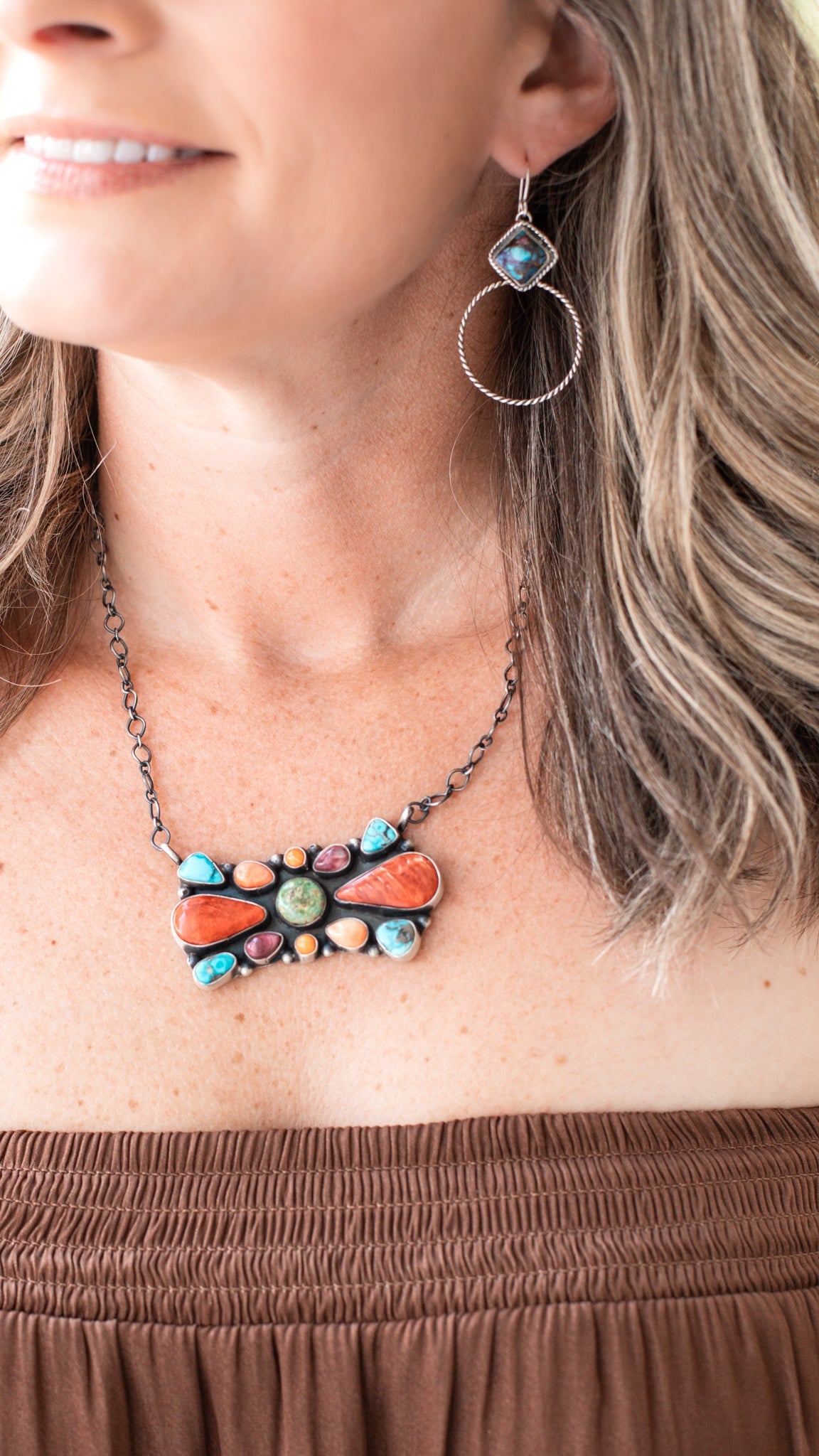 Large Mixed Stone Rectangle Bar Necklace