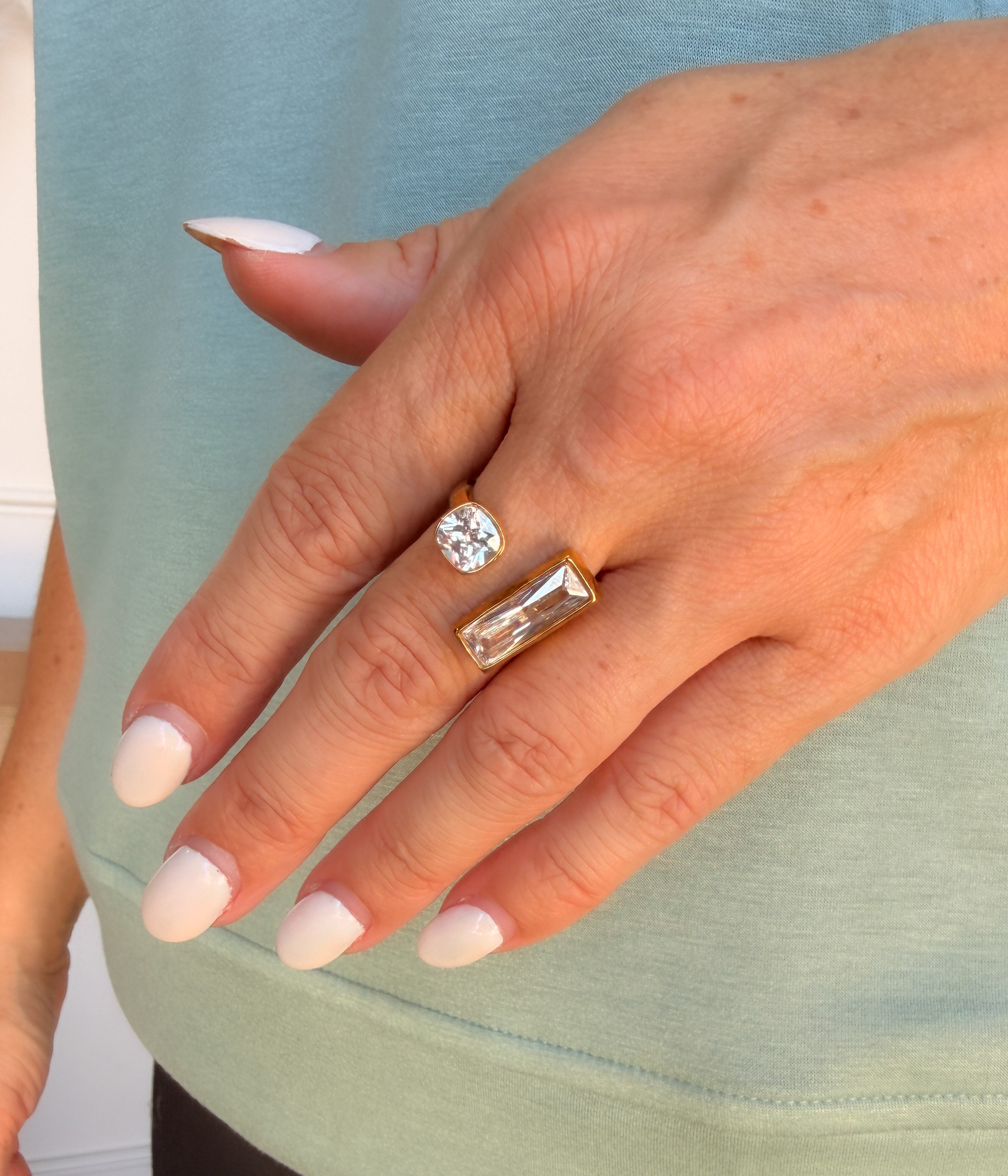 Gold Open Ring with Baguette & Round Crystal
