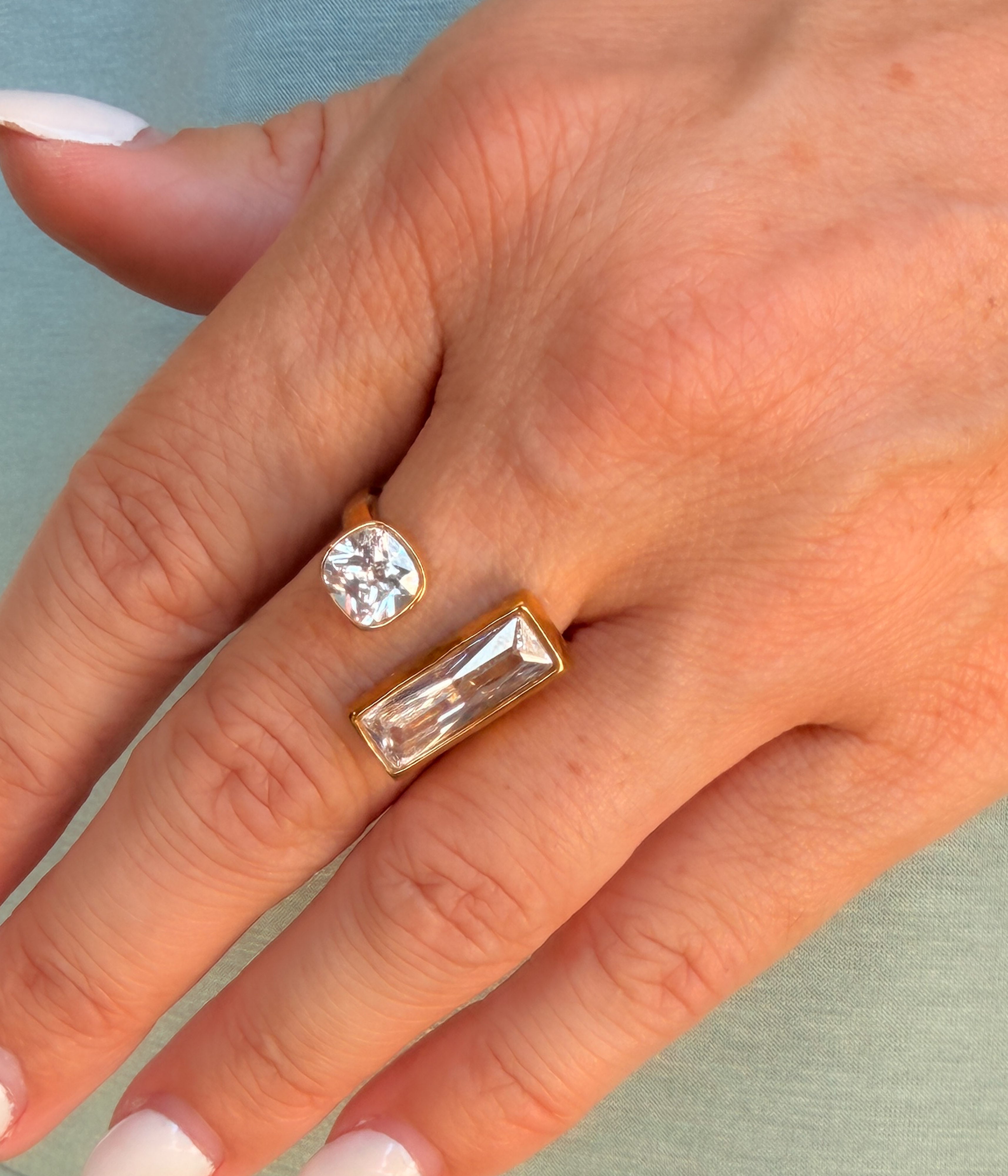Gold Open Ring with Baguette & Round Crystal