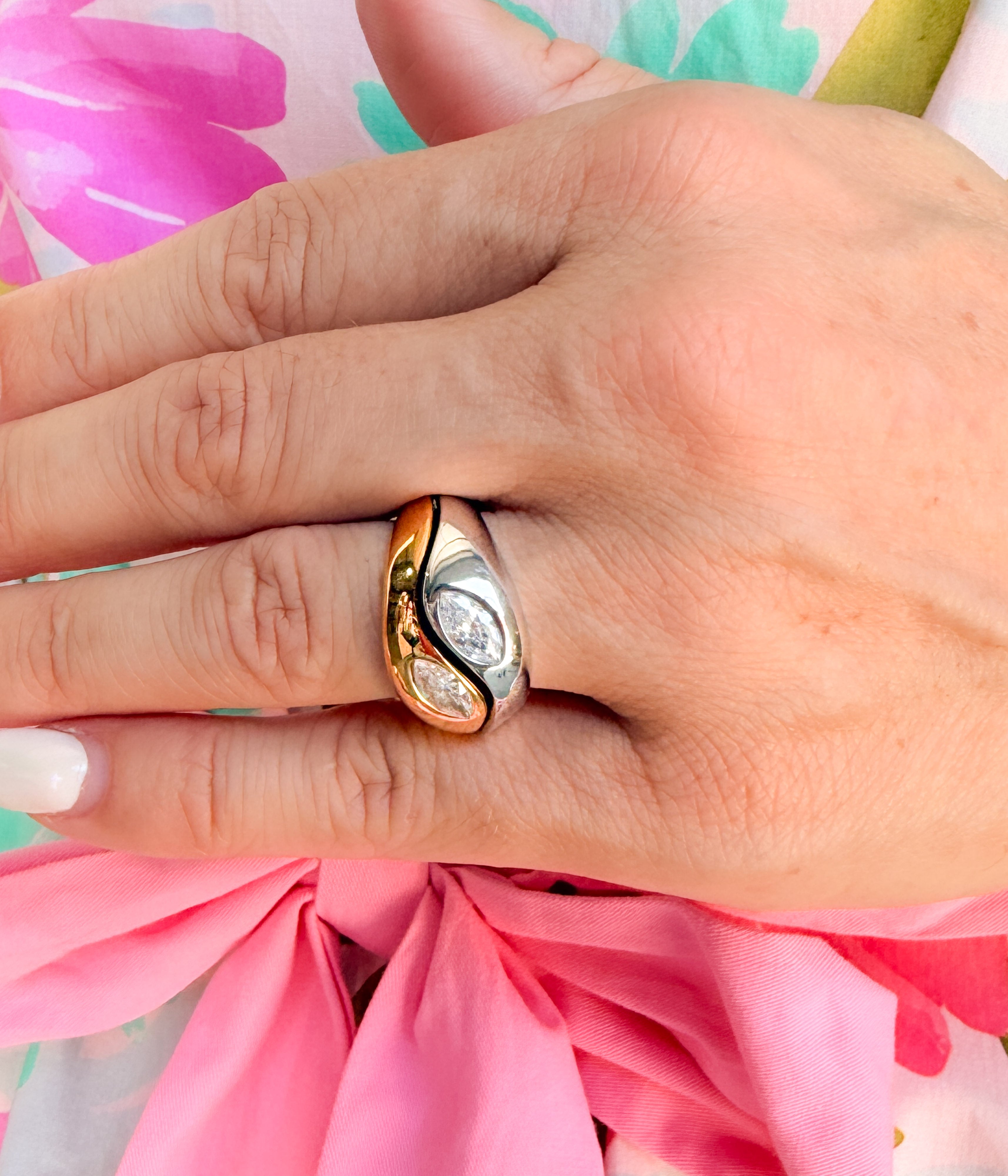 Gold Wave Statement Ring with Crystal