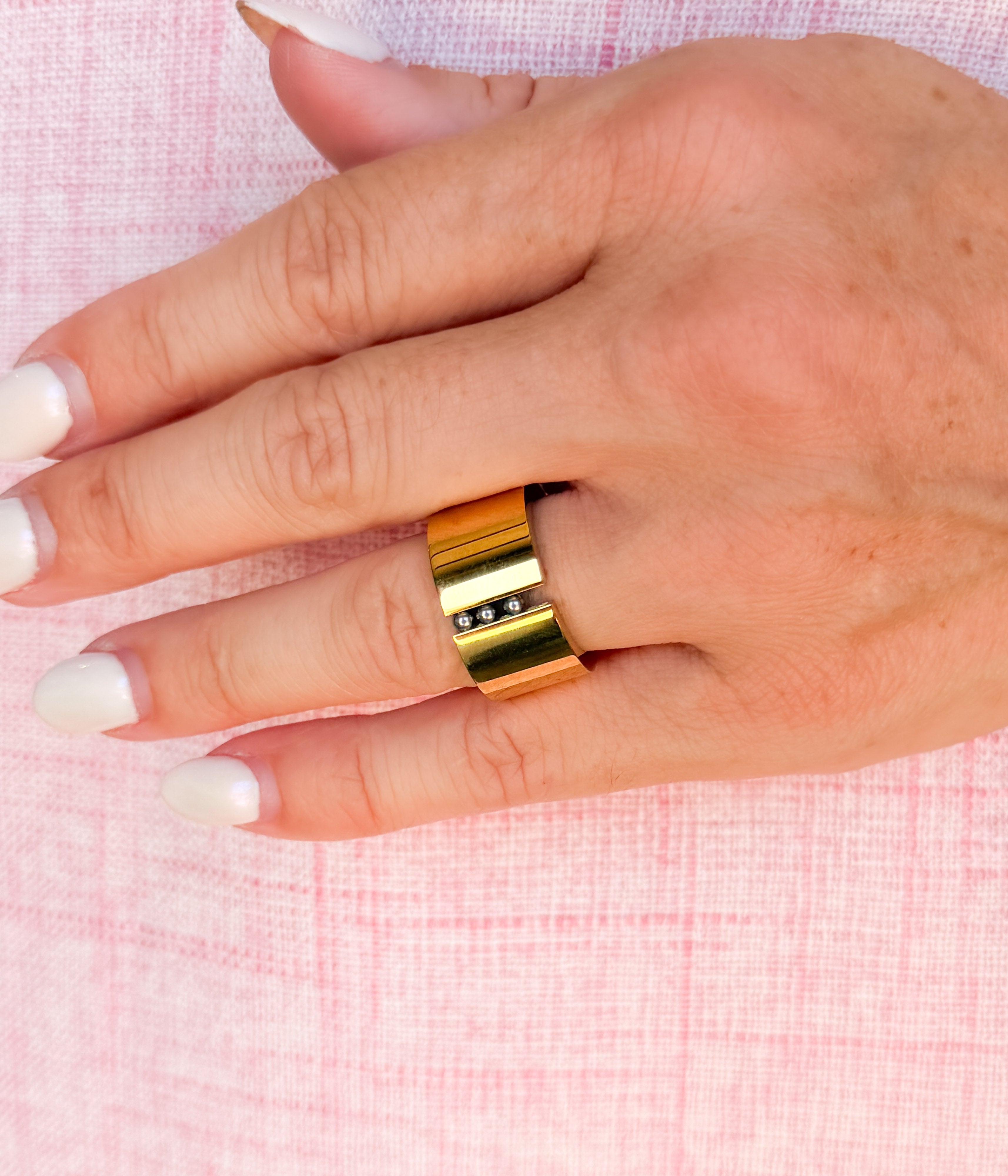 Gold Wide Band Ring with Crystal Detail