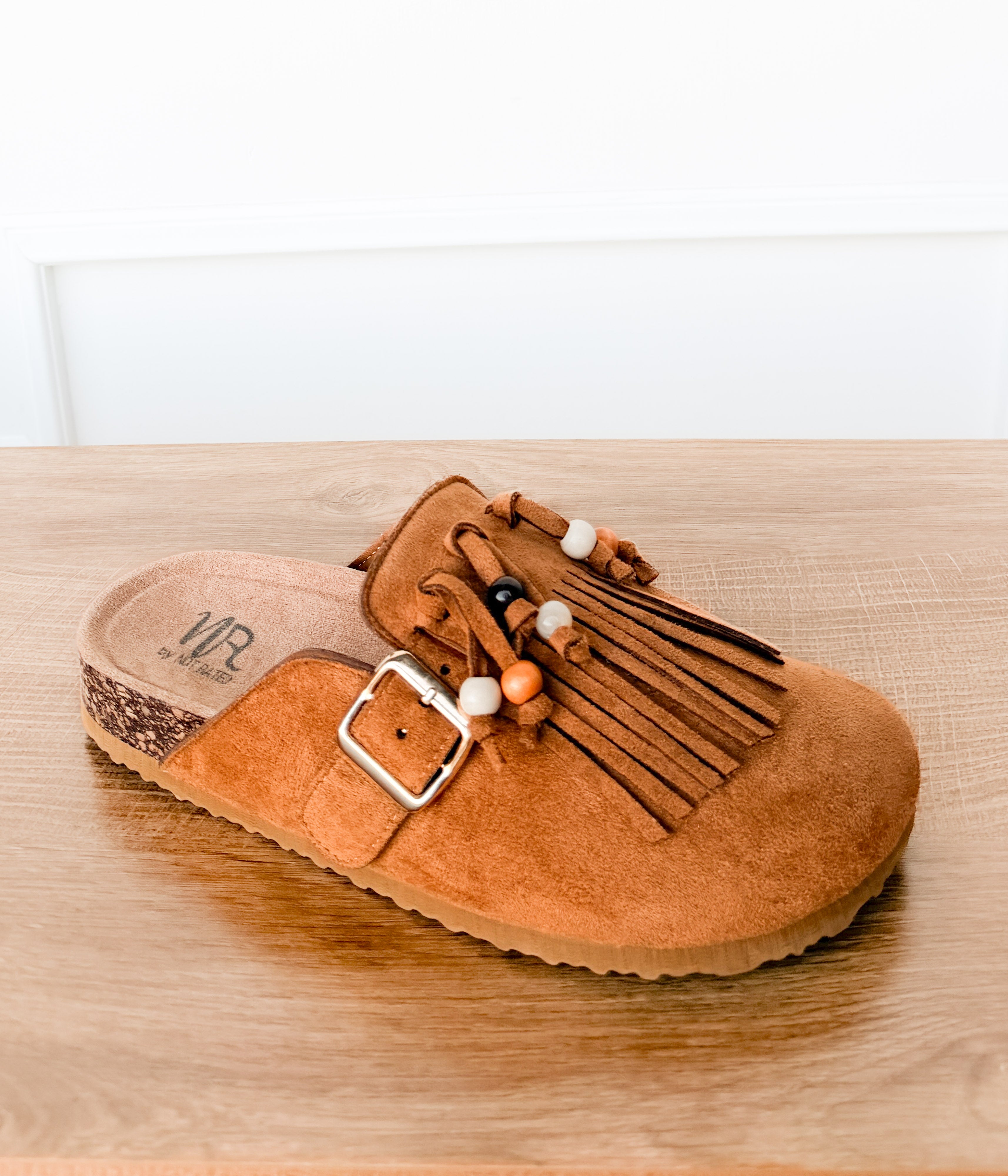 Sadie Western Fringe Beaded Flat Mules in Tan