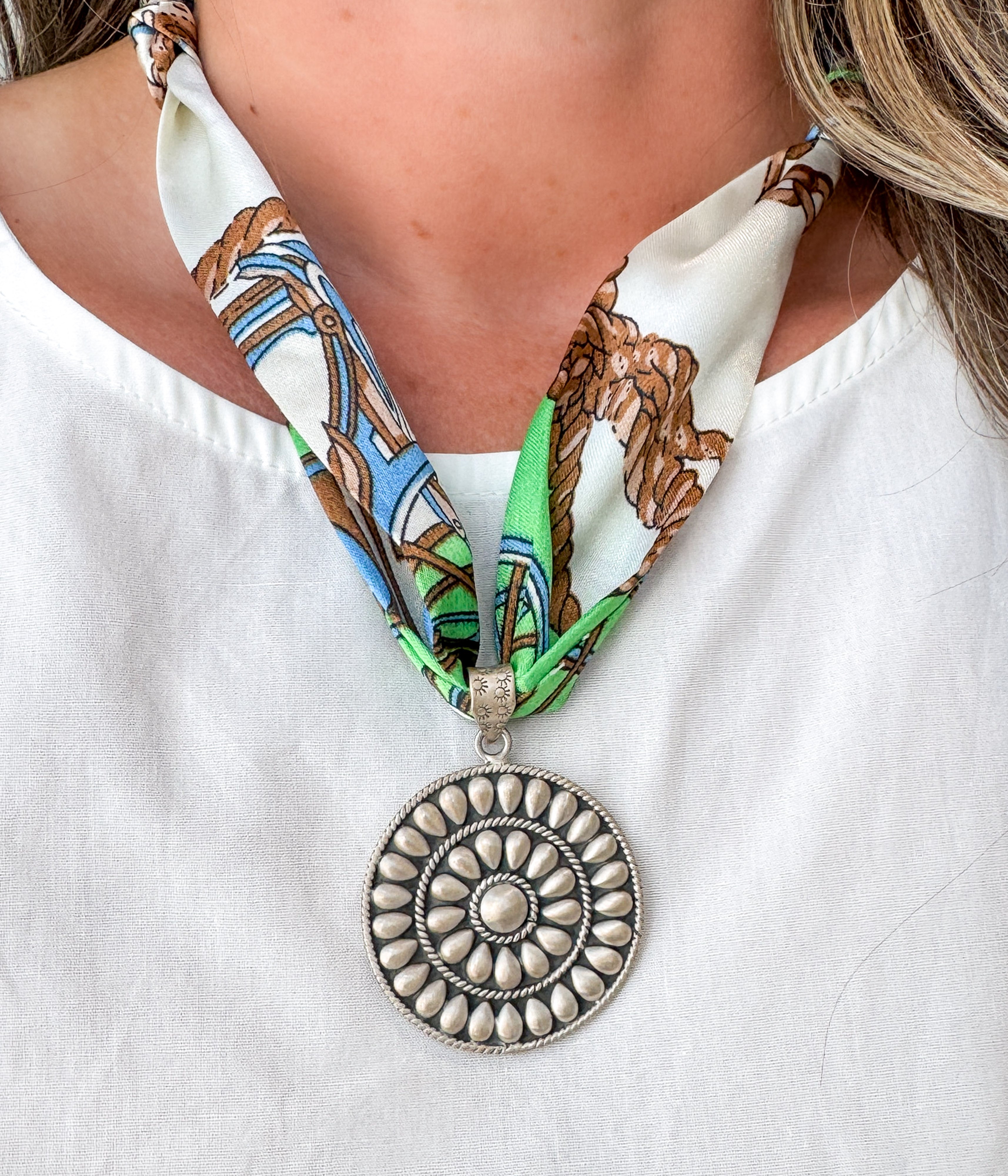 Sterling Silver Medallion Pendant on Silk Scarf Necklace