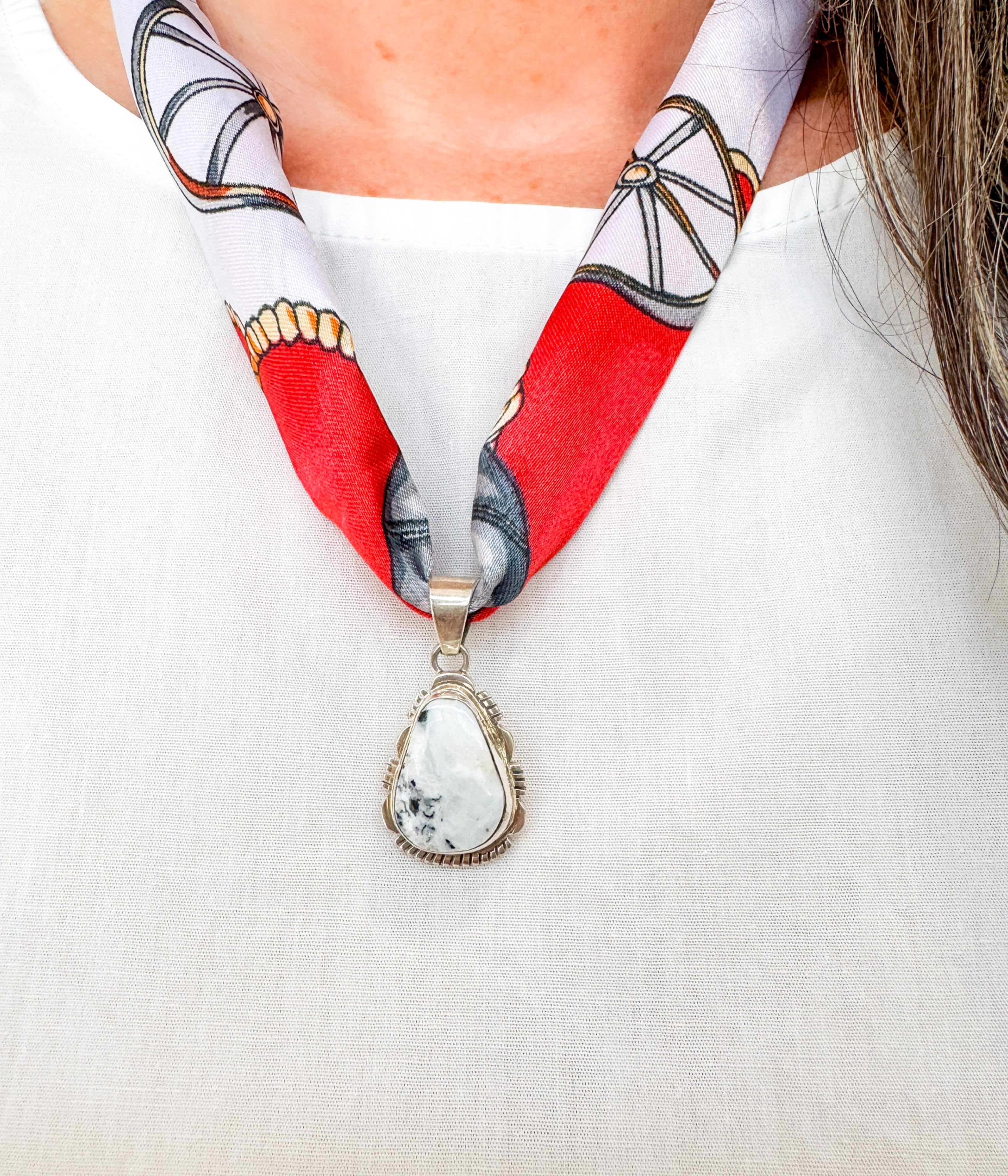 White Buffalo Pendant on Silk Scarf Necklace - Rural Haze