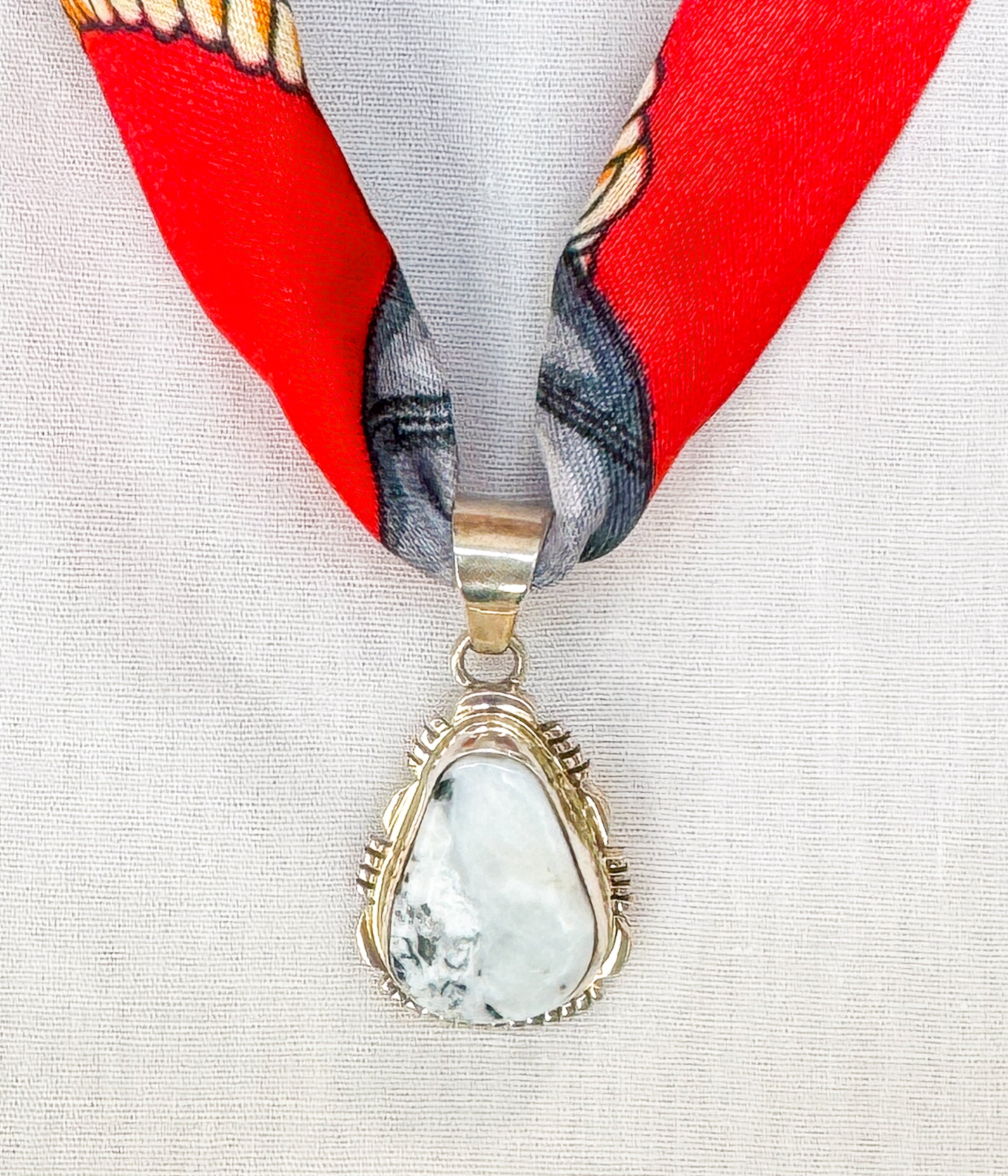 White Buffalo Pendant on Silk Scarf Necklace - Rural Haze