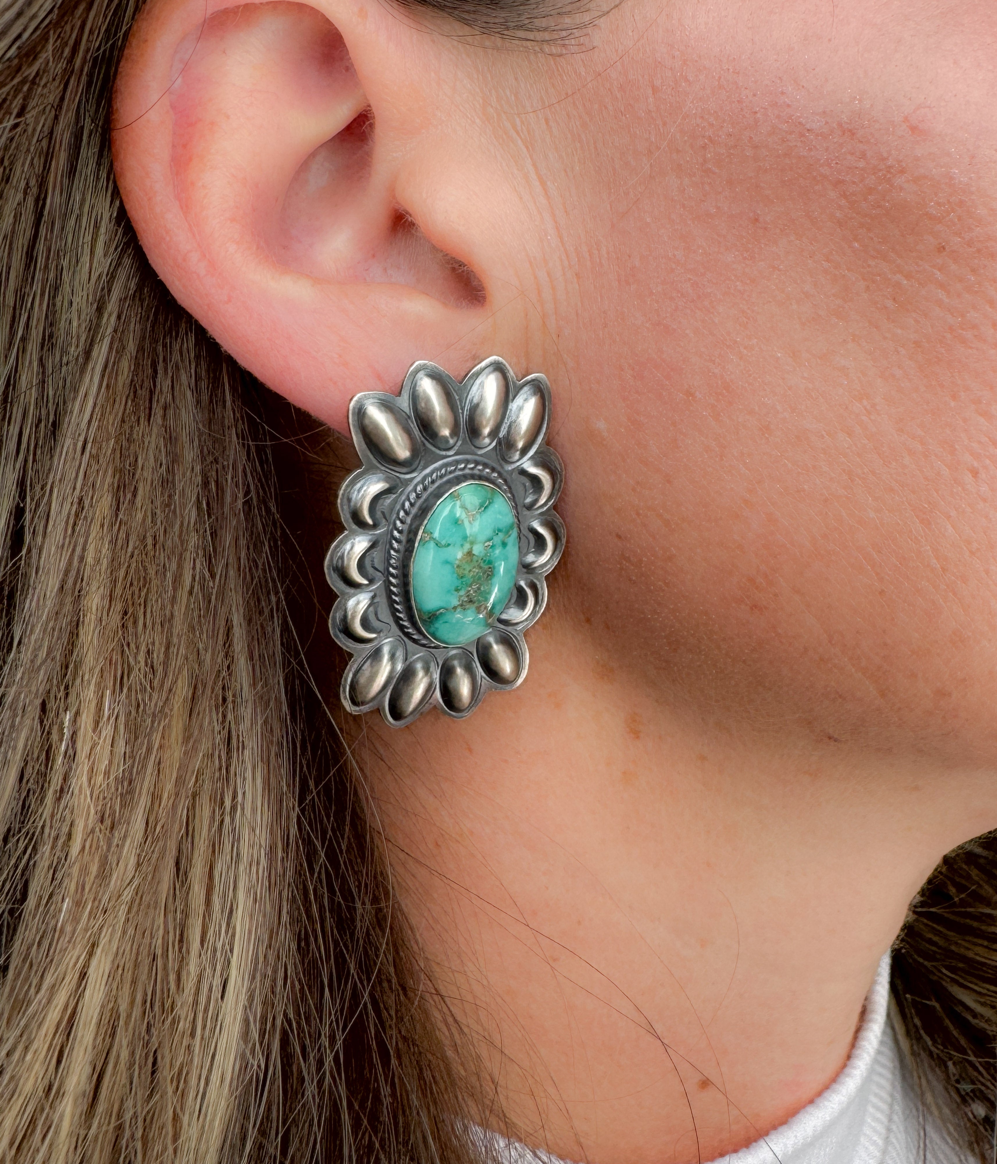 Rectangle Concho and Turquoise Navajo Earrings