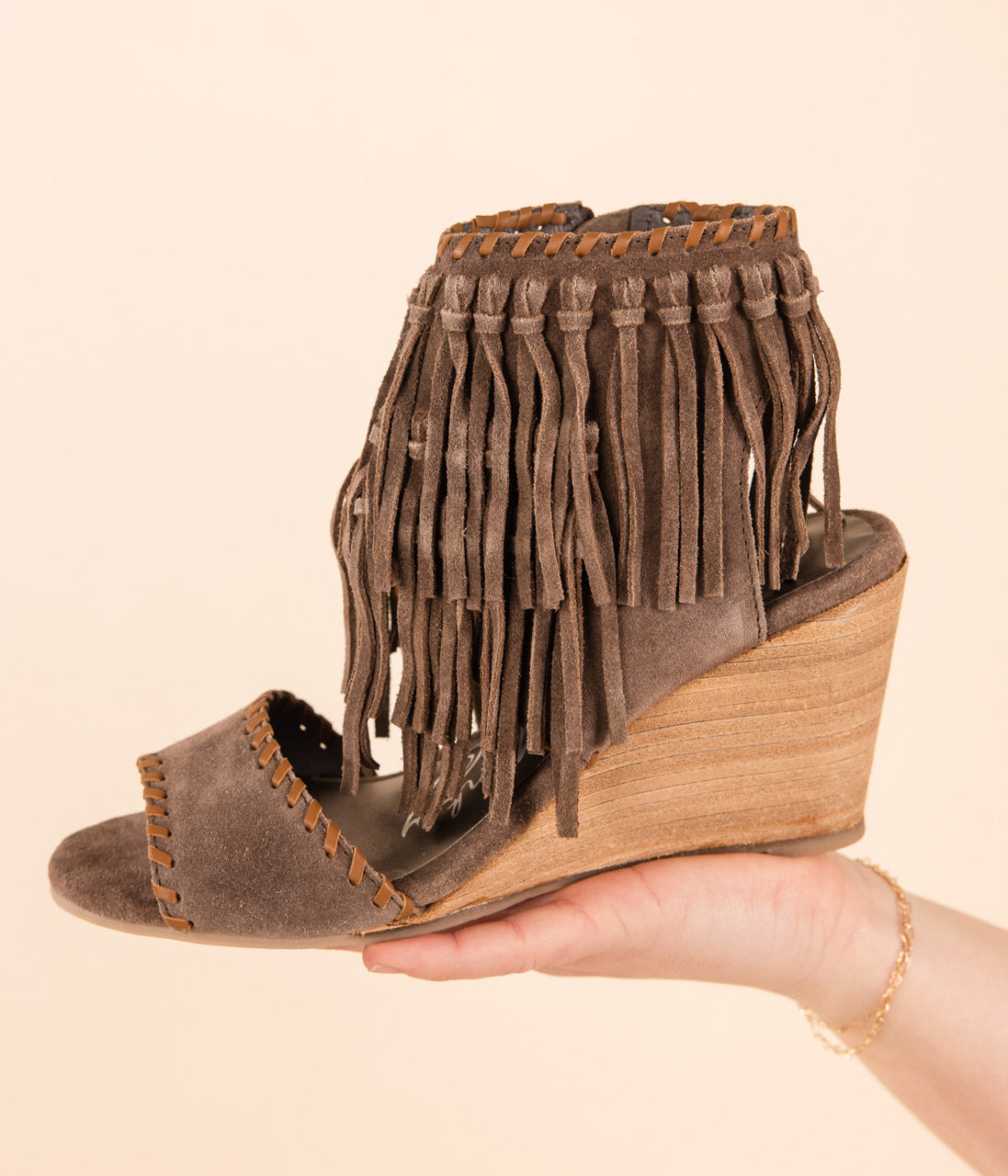 True Fringe Wedge in Taupe - Rural Haze