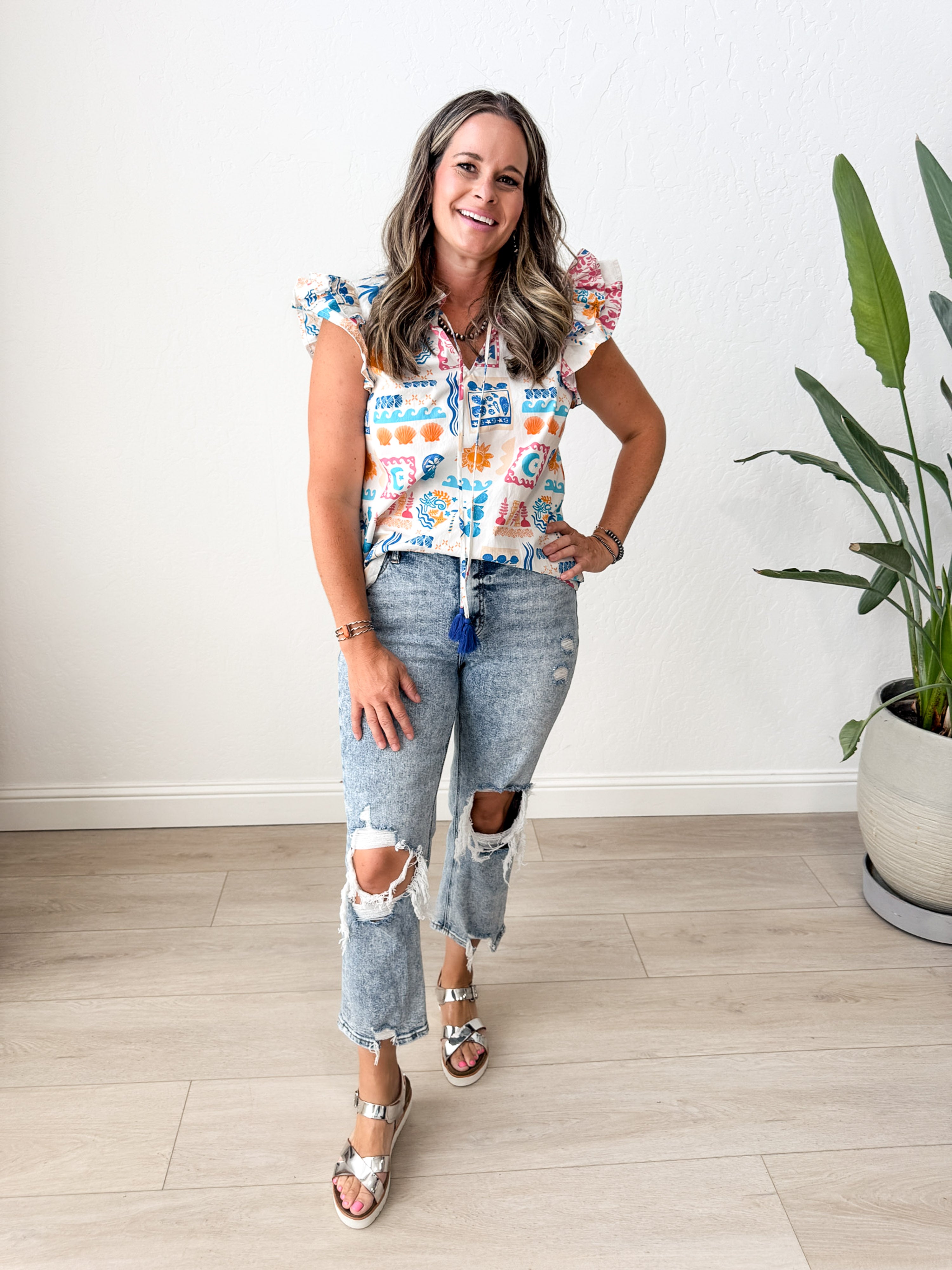 White Tropics Ruffle Sleeve Top