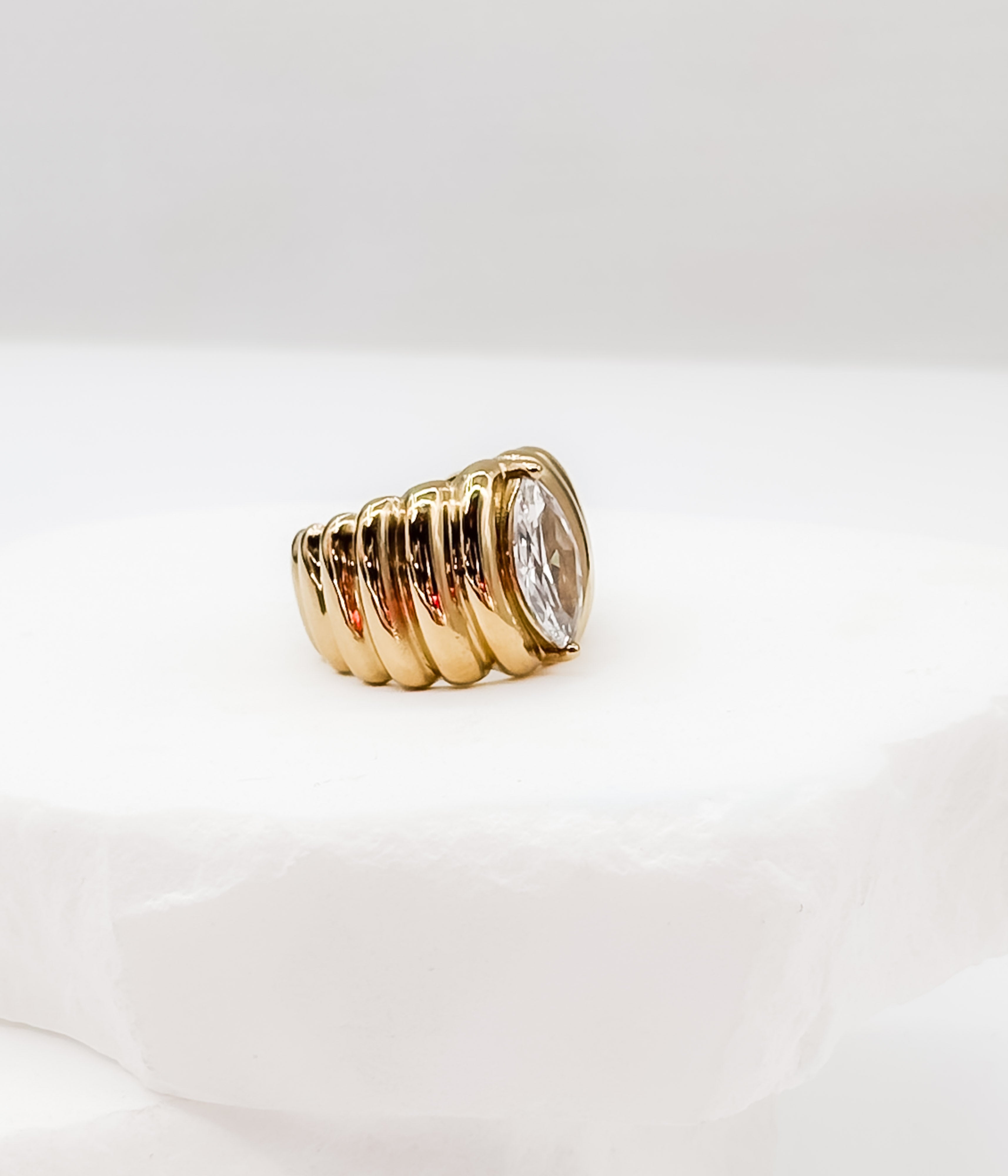 Gold Ribbed Statement Ring with Marquise Crystal - Rural Haze