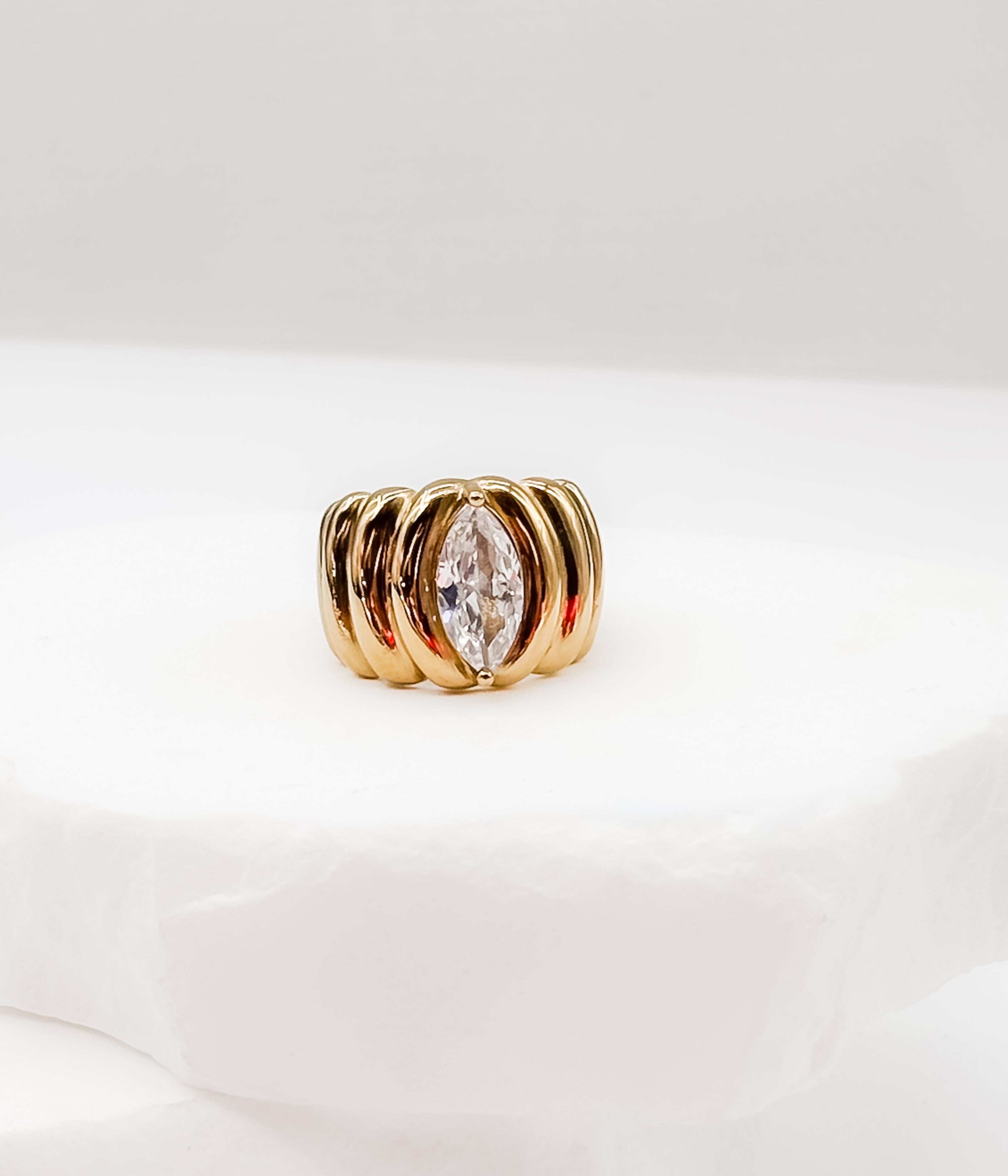 Gold Ribbed Statement Ring with Marquise Crystal - Rural Haze