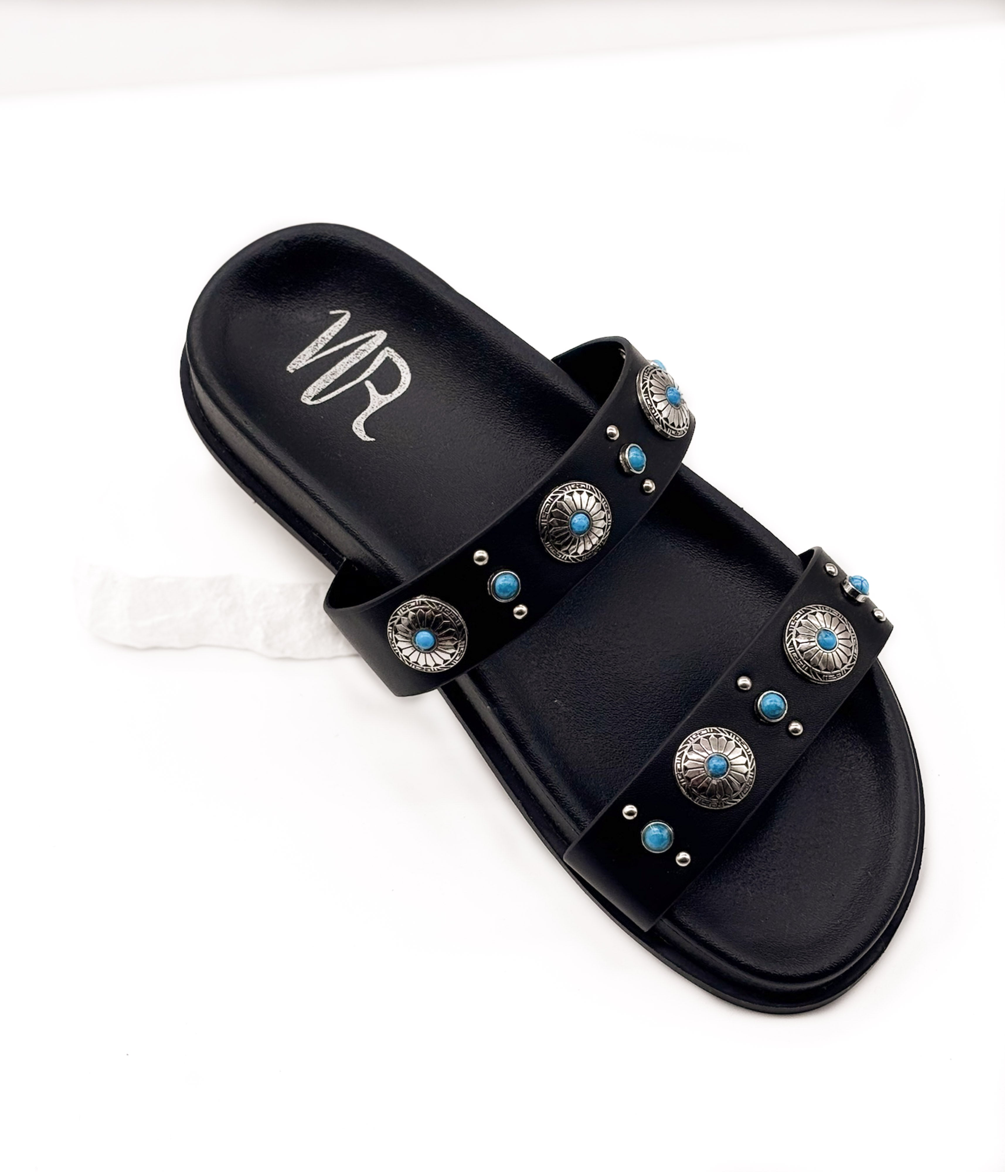 Briallen Western Studded Turquoise Sandal in Black
