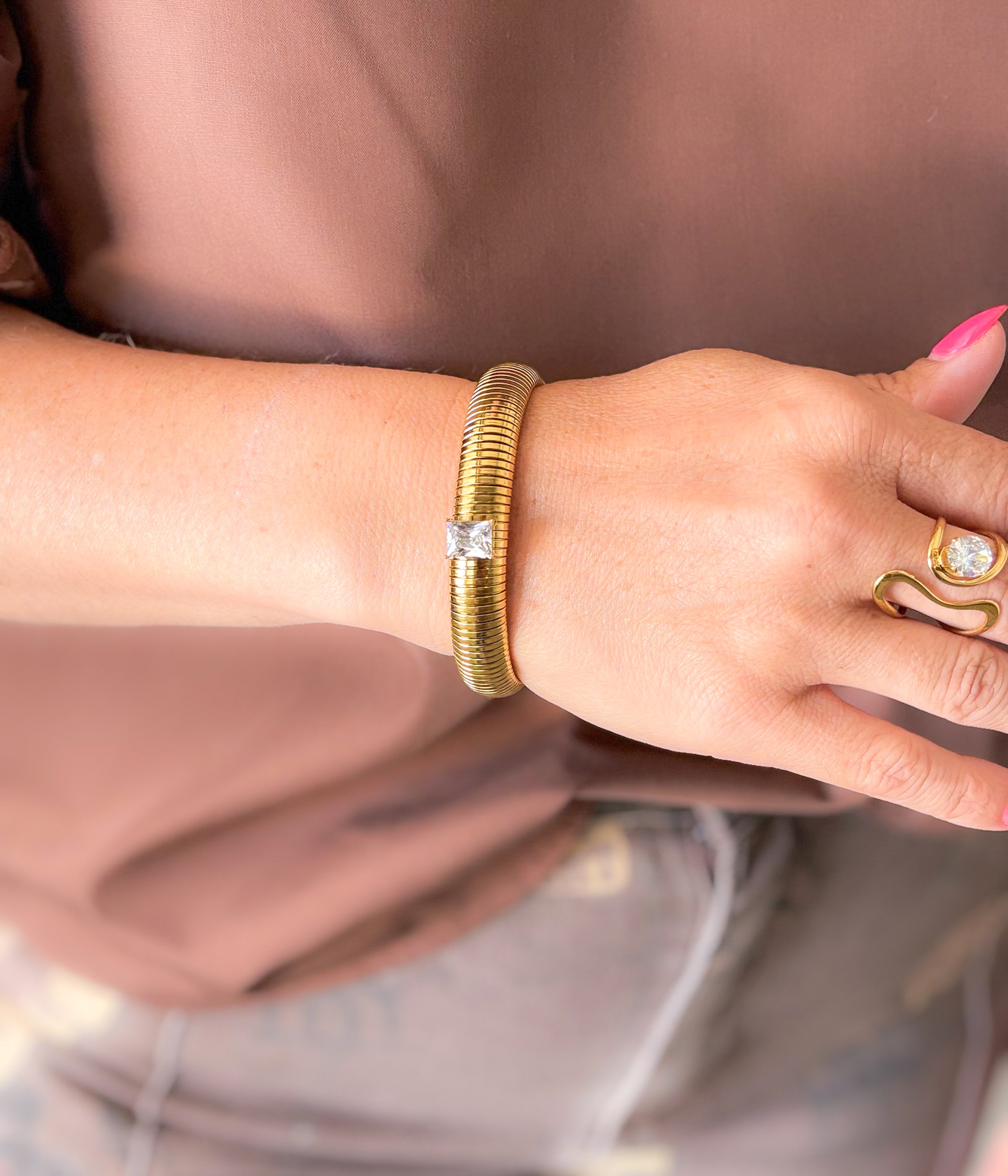 Gold Ribbed Bangle Bracelet with Crystal