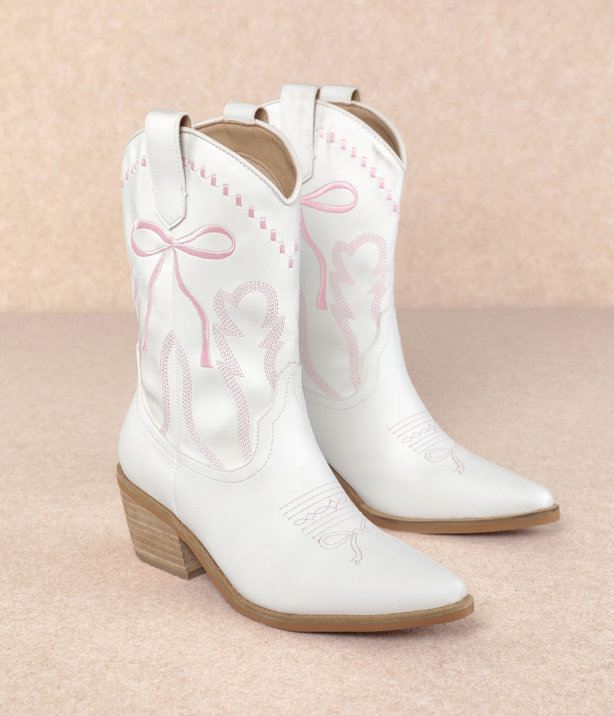 Zeta Mid Calf Boot in White with Pink Bow