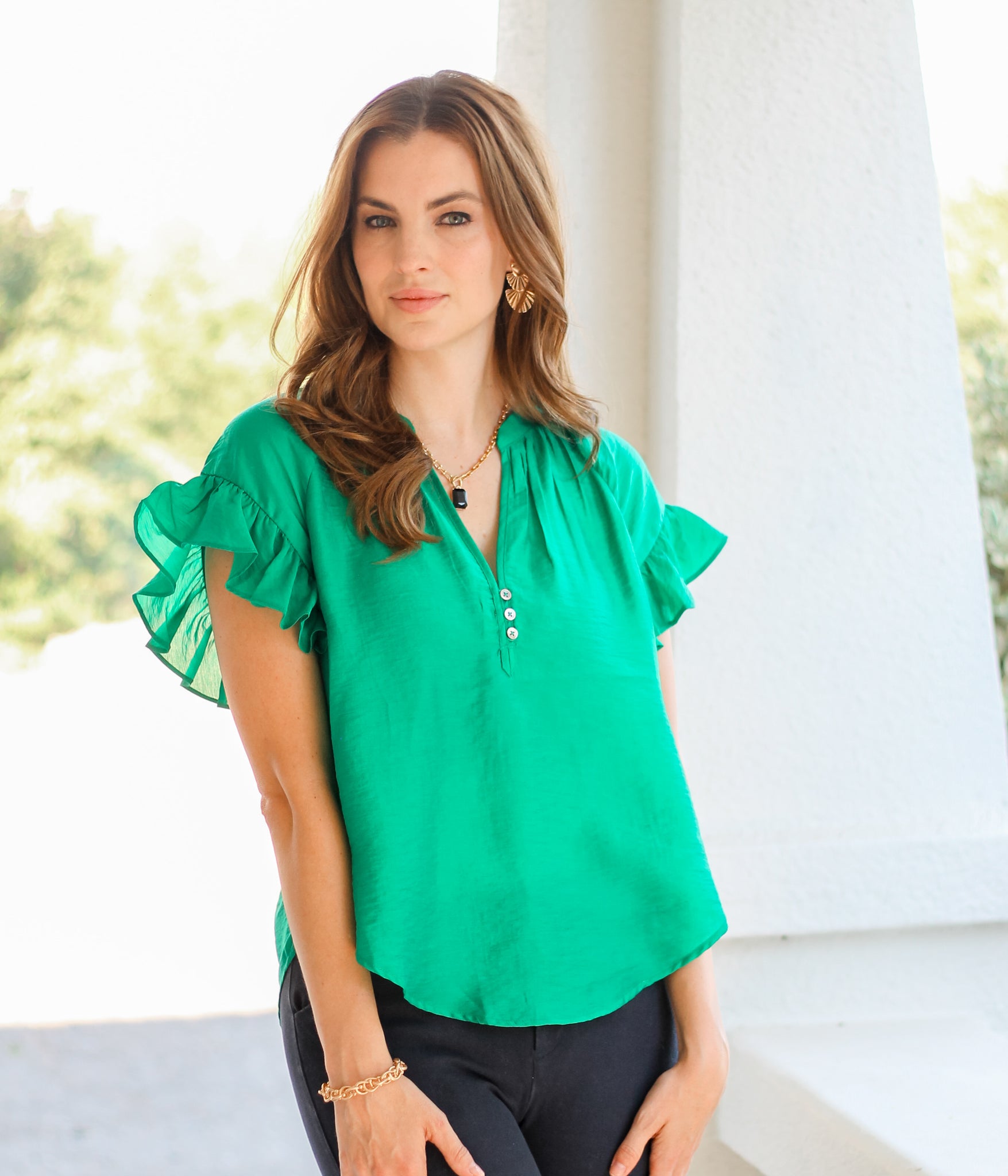 Emerald Green Ruffle Short Sleeve Top - Rural Haze